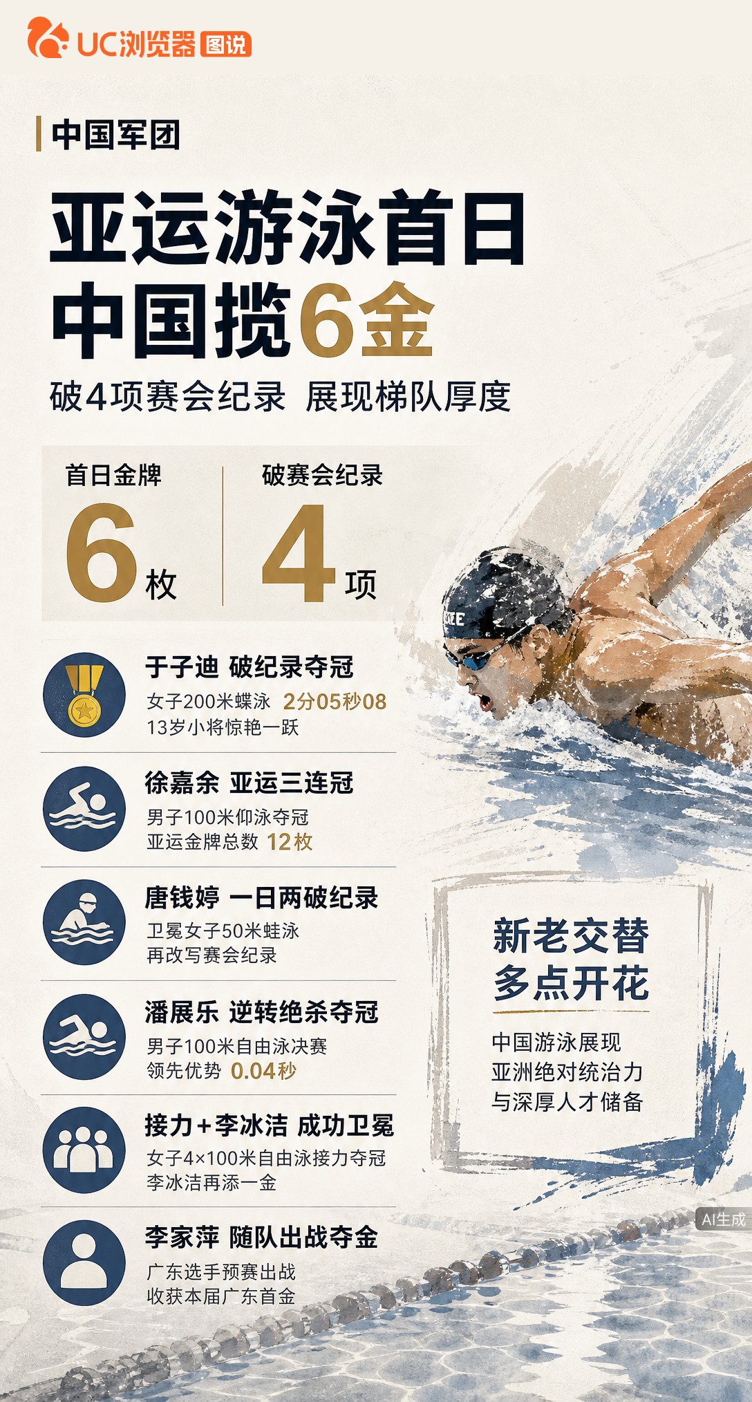 亚运游泳首日中国队揽6金破4项赛会纪录！13岁于子迪夺冠，徐嘉余三连冠，潘展乐0.04秒绝杀。新老交