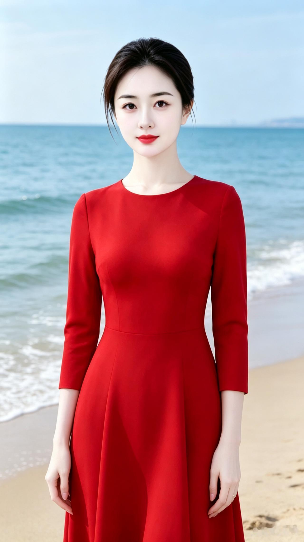 海边红衣佳人红衣少女立海边，碧海蓝天映丽颜。眉眼盈盈藏笑意，海风袅袅拂裙