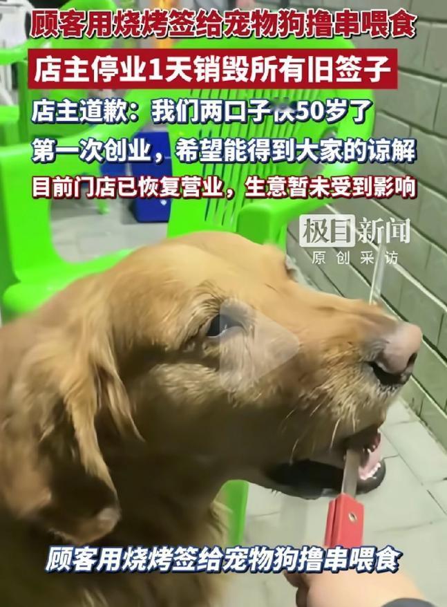 "闹大了！"5月1日，内蒙古赤峰，烧烤店里，一根竹签被顾客拿去喂了狗，狗舌头卷过