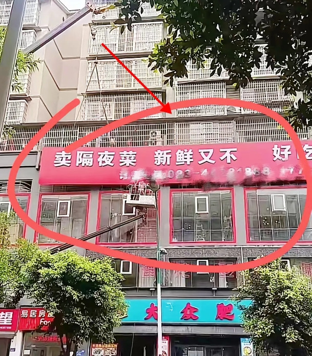 街边一块广告牌，竟因错别字成了“网红打卡点”。上头写着“卖隔夜菜新鲜又不