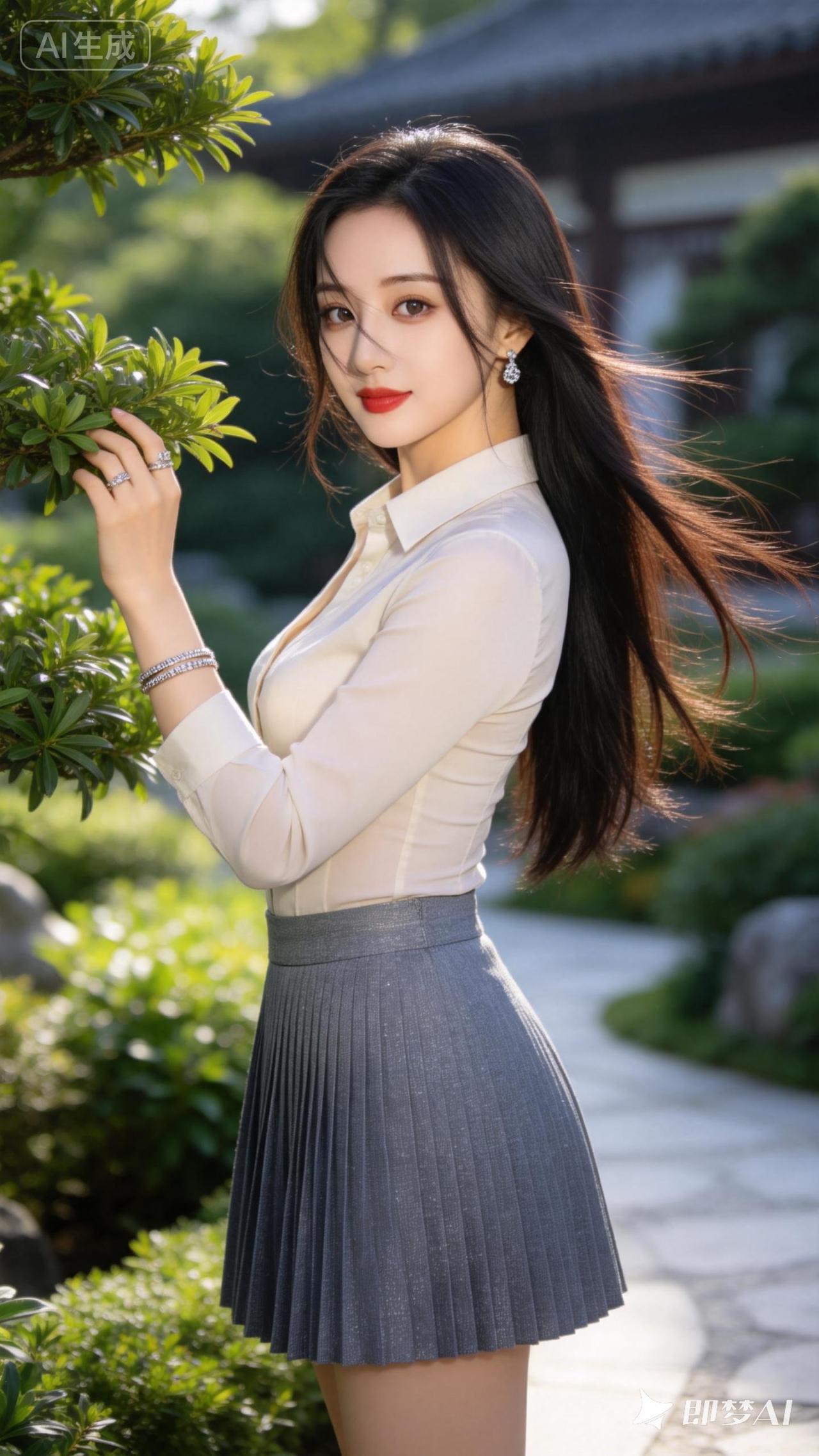 优雅白衬衫与灰裙的完美搭配，尽显知性美！🌿💄