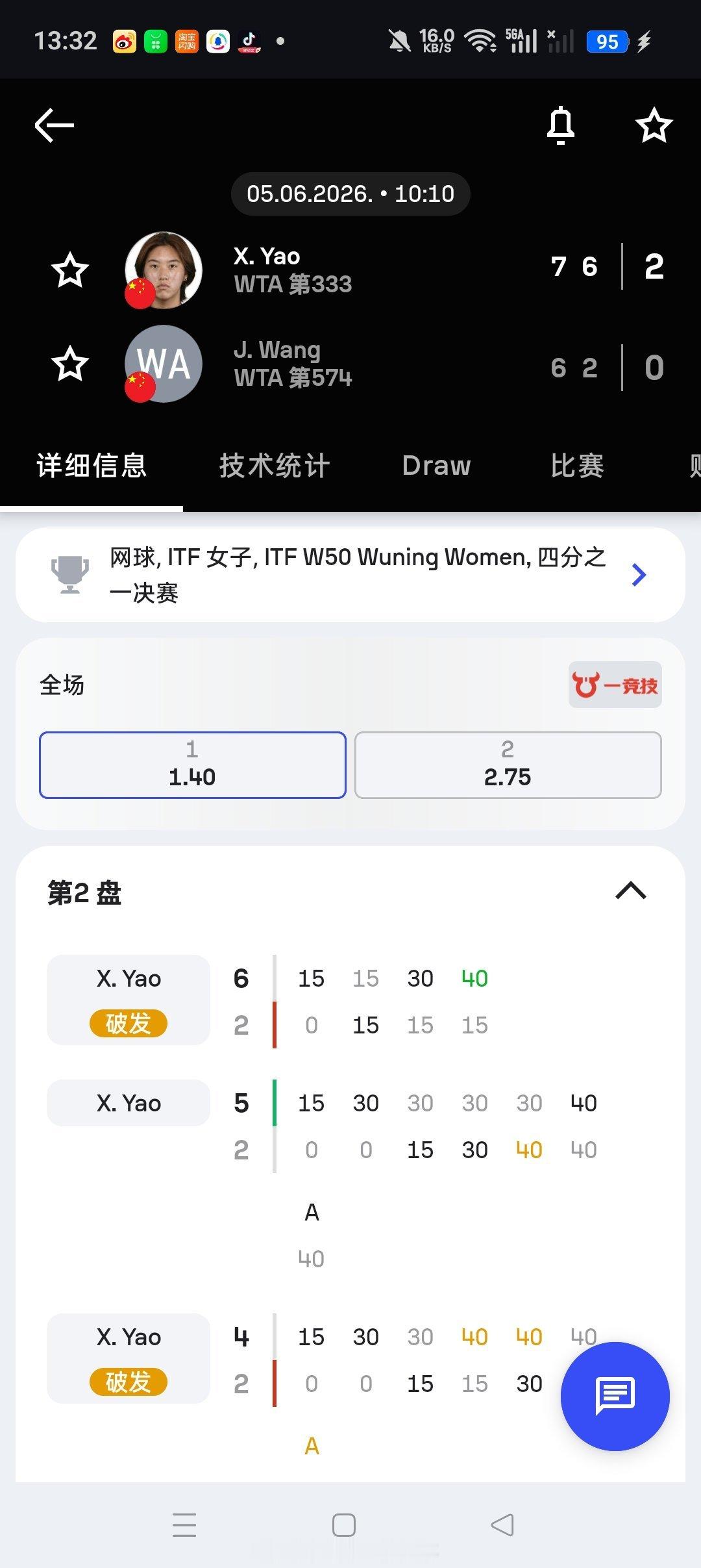 小花小草资讯【🇨🇳武宁W50】女单四分之一决赛🇨🇳姚欣辛7-6(5)/
