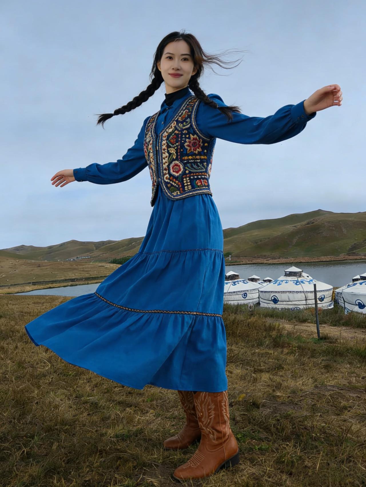 身着民服舞草原，湖光山色入眸妍。毡房错落依寒水，丘壑逶迤接远天。风拂鬓丝牵客