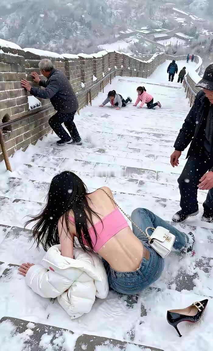 雪中长城滑倒瞬间，冬日冒险的欢乐与刺激！😄❄️🏯