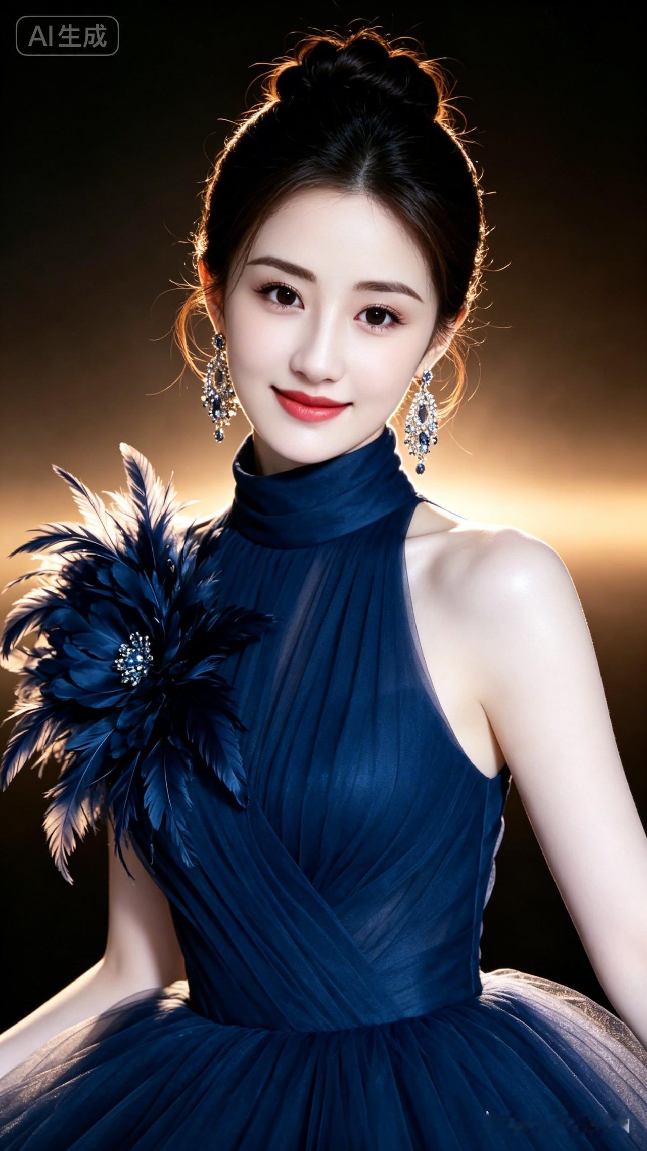 真人写真，少女面容精致瓷白莹润，精致盘发搭配夸张耳饰。藏青无袖高定纱裙肩饰羽毛大