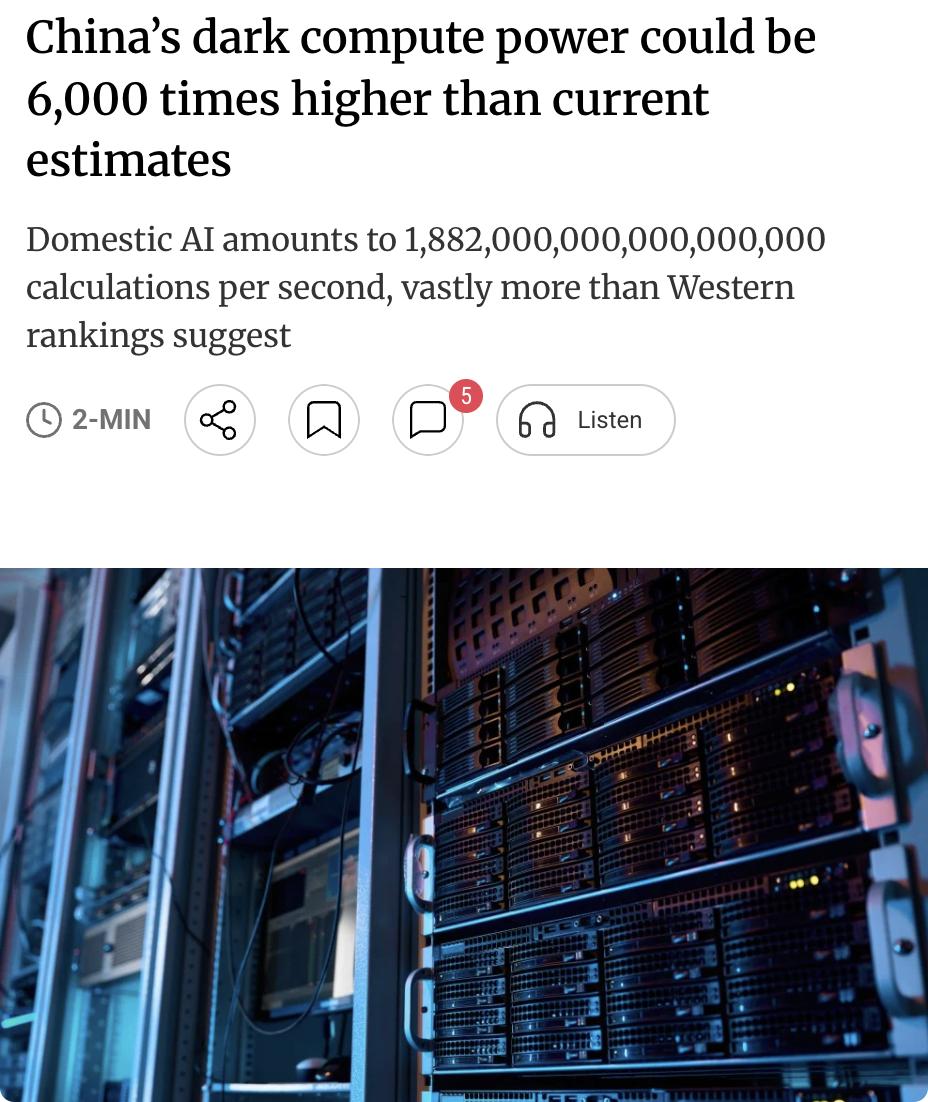 外媒：中国"暗算力"或为公开数据的6000倍中国官方最新数据显示，国内人工智