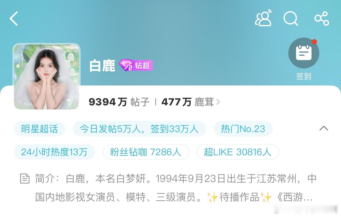 白鹿超Like破新高，鞠婧祎签到创新高，女明星也在追赶男流量了，都很争气​​​