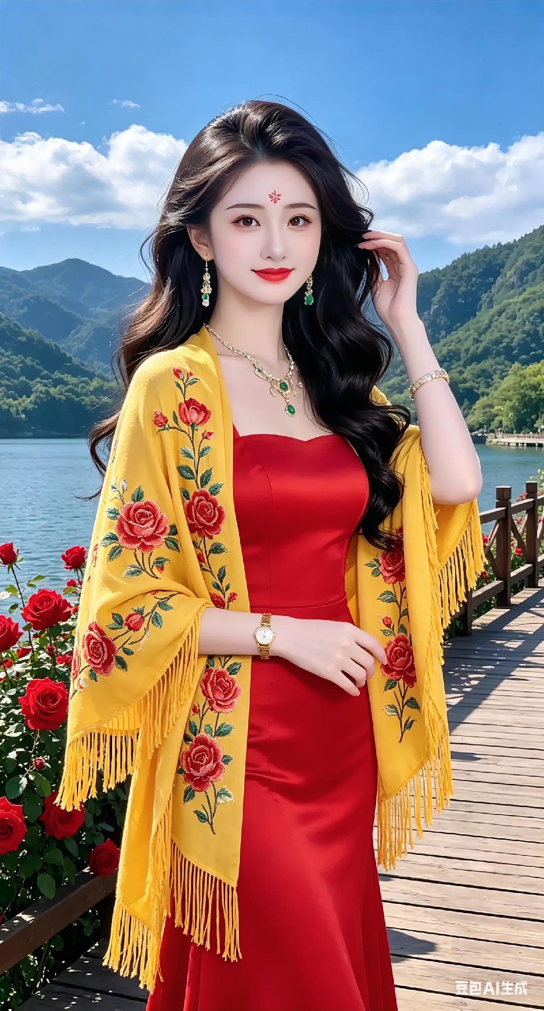 她穿着红色礼服，披着花边披肩，站在湖边。轻奢红色长裙红色玫瑰礼服红色气