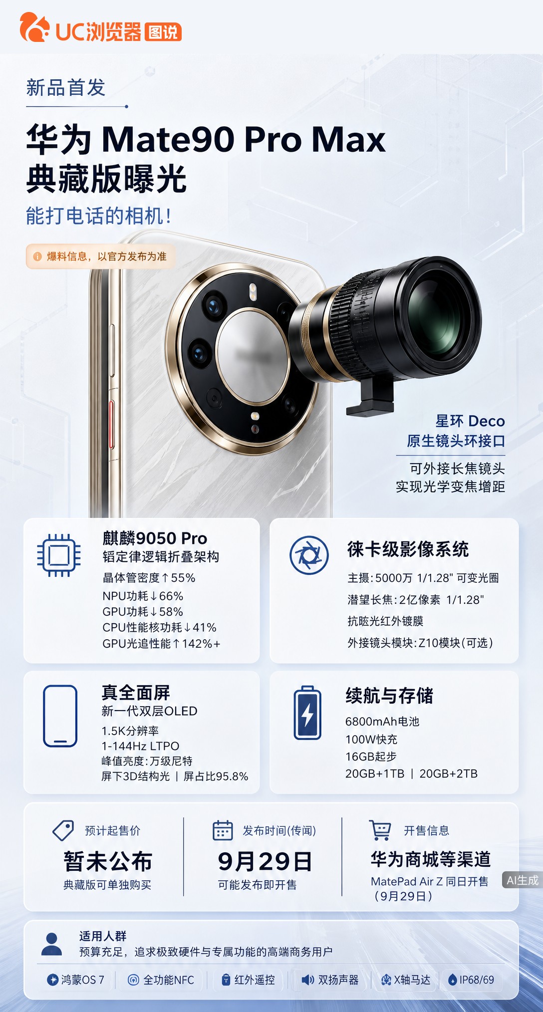 华为Mate90ProMax典藏版曝光：背面预留原生镜头环，可外接长焦实现真光学变焦。搭麒麟9050