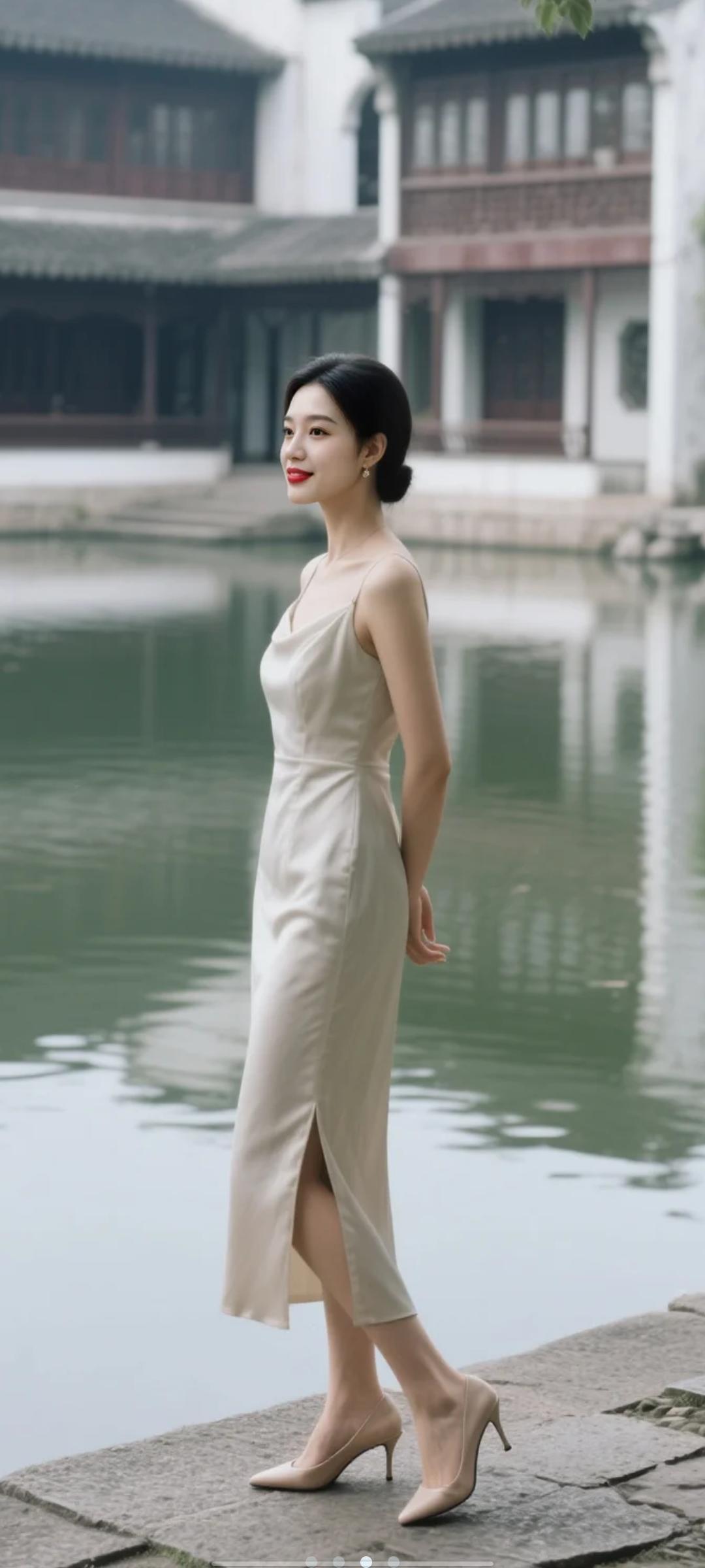 优雅漫步在古风庭院，浅米色长裙与高跟鞋相得益彰，尽显东方古典美。