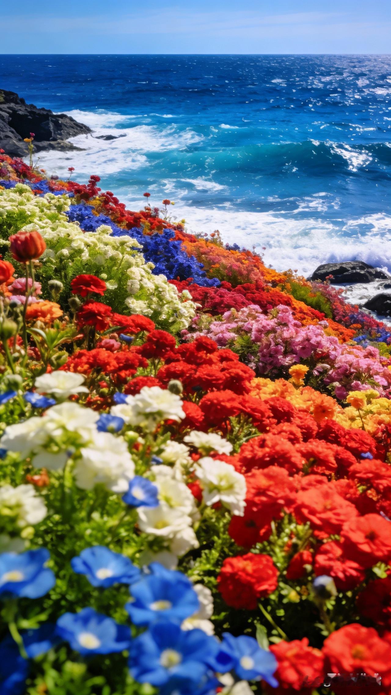 🌊海天一色，花海浪漫！🌸🌊