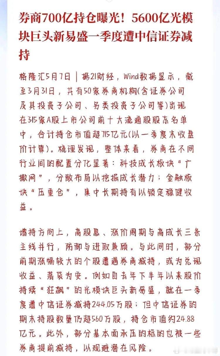 光模块板块追高要谨慎了，券商已经开始悄悄的减持了数据显示，虽然现在券商机构介入光