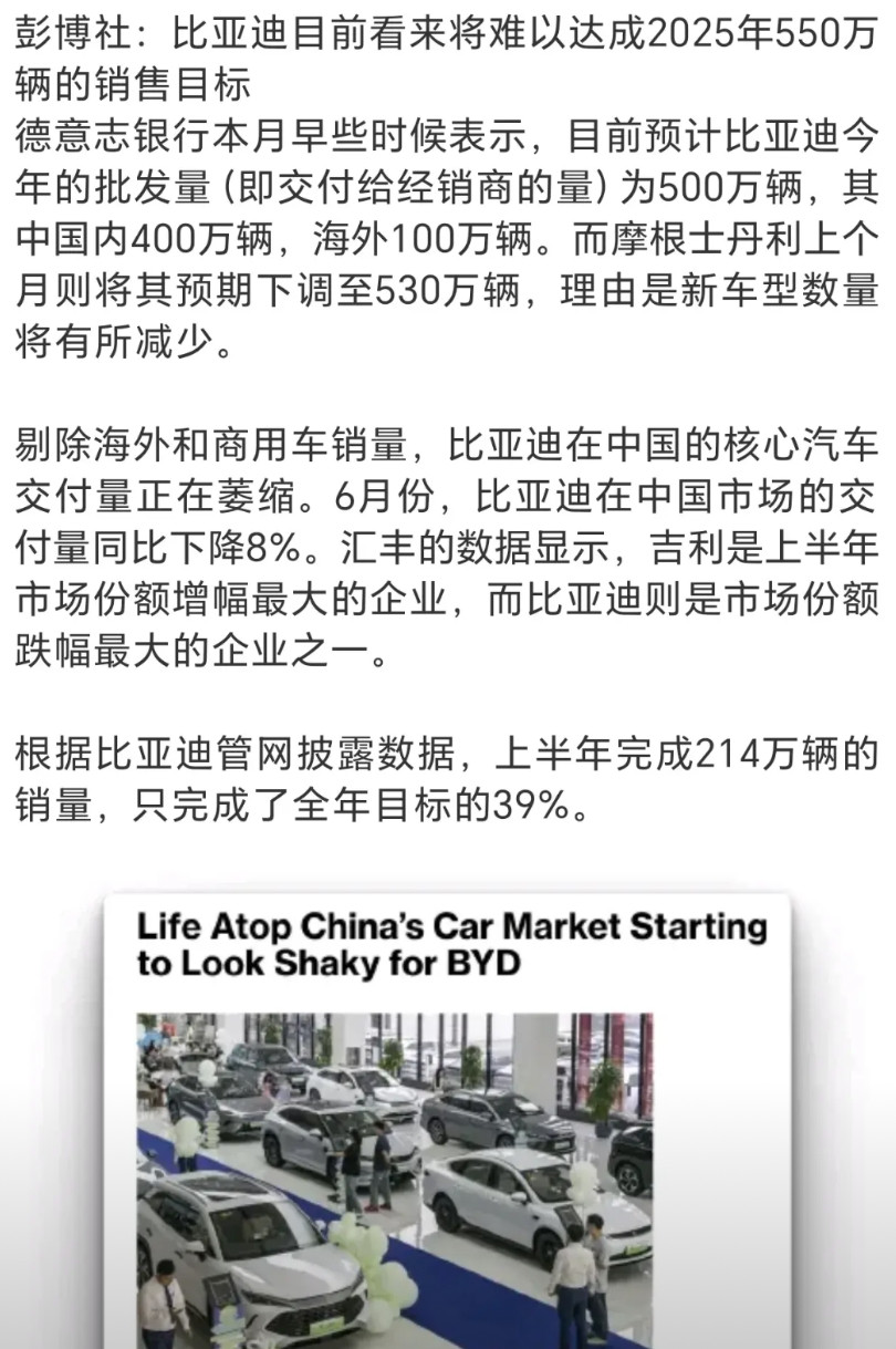 外媒称比亚迪难以达成今年550万辆的销售目标外媒称多家投资机构都预测比亚迪难以