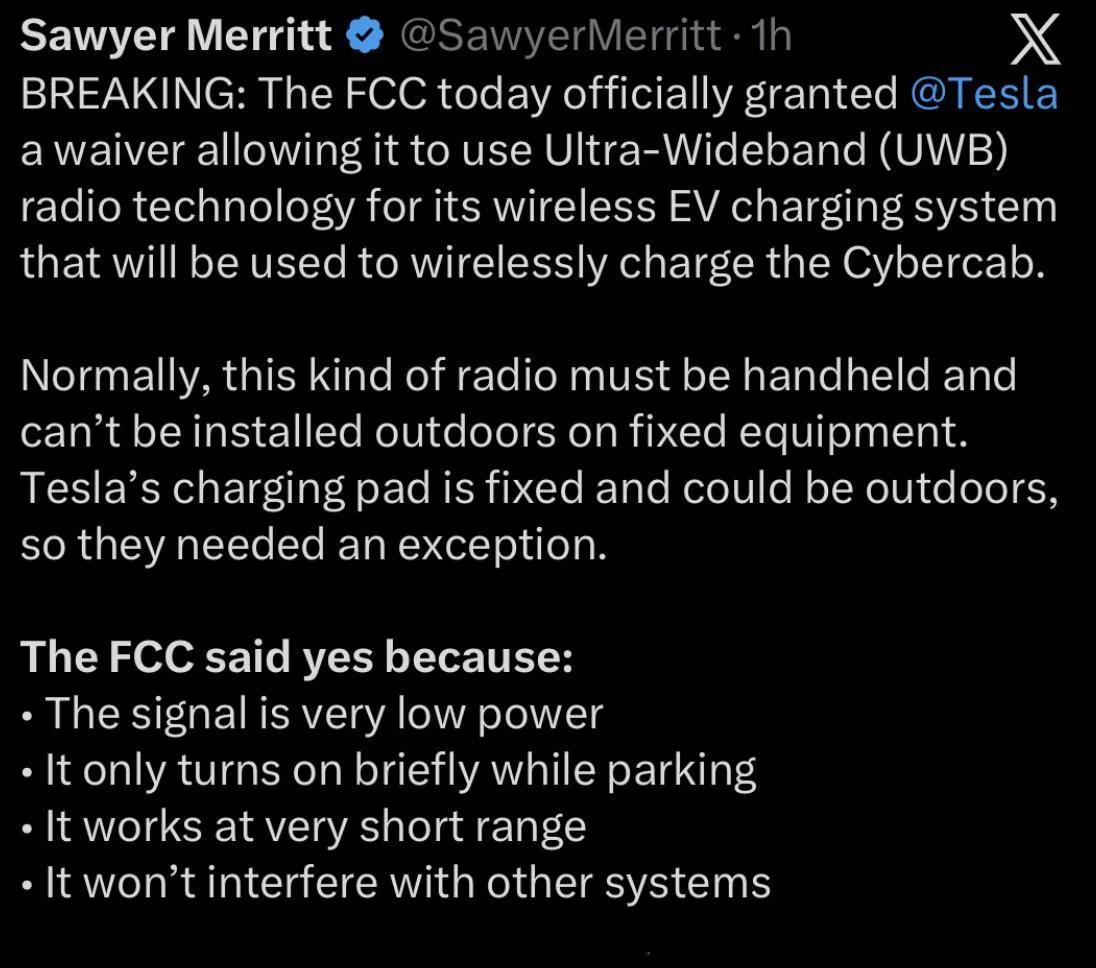 在Robotaxi上，电动汽车的无线充电似乎有点价值了。Tesla为即将量产的
