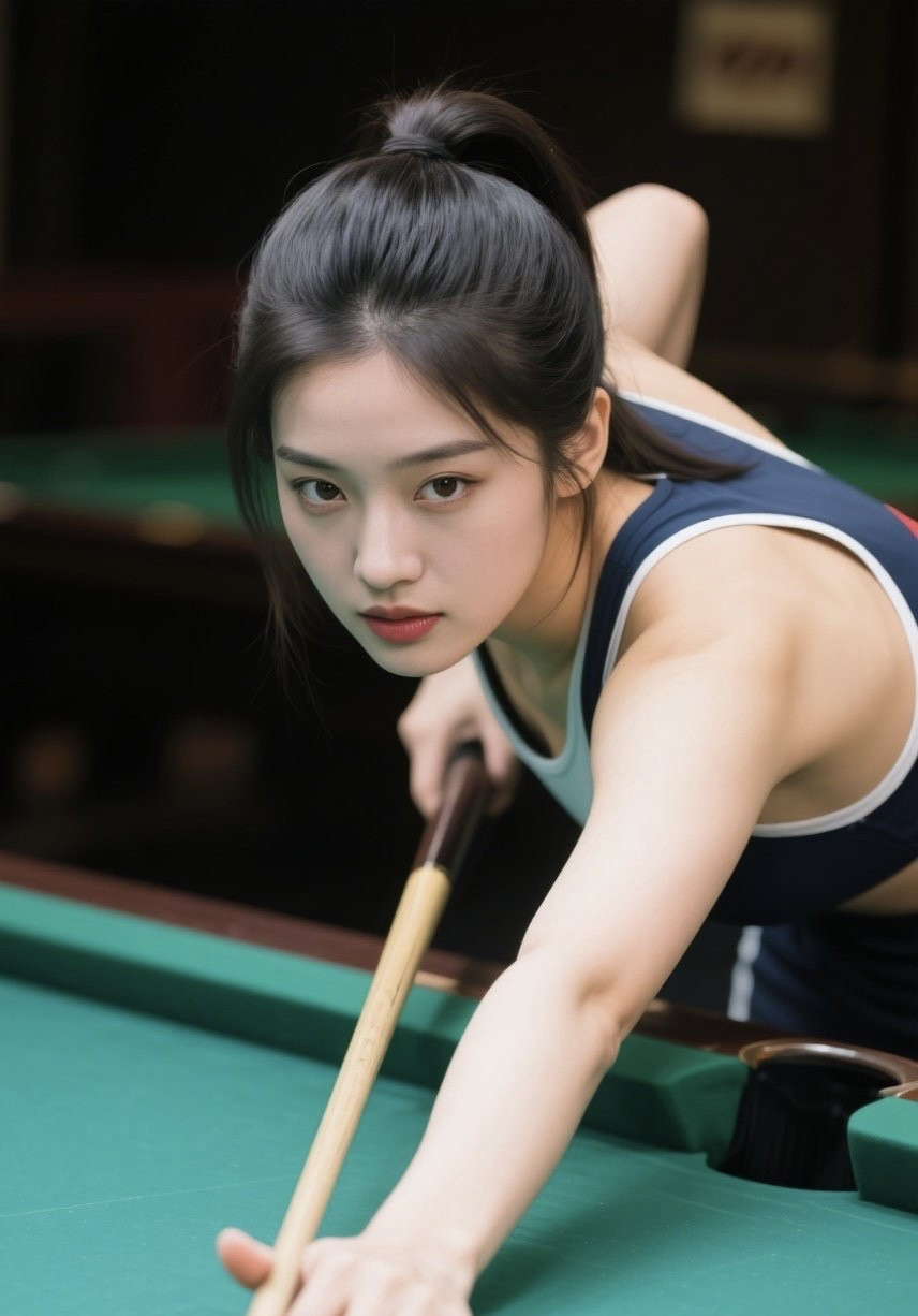 台球女神执杆立，优雅身姿夺眼球