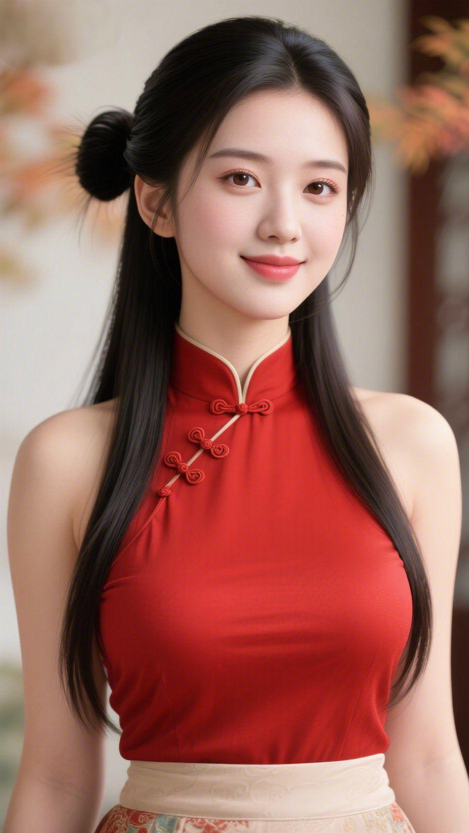 红衣雅韵暖光轻落衣间时，她立在柔和氛围里。正红立领衣装缀着盘扣细纹，