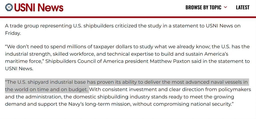 美国造船业反对海军军舰外包“美国造船工业基地已经证实了其按时按预算交付世界上最先
