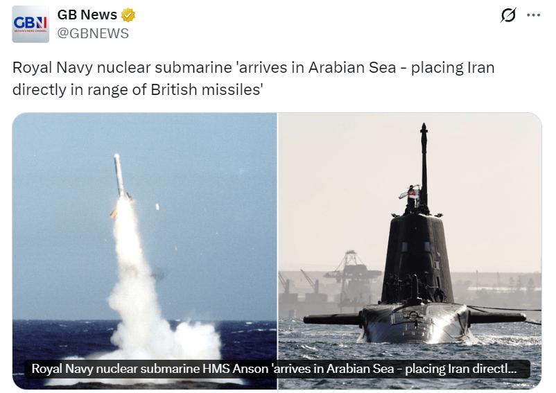 据媒体消息：英国一艘配备战斧巡航导弹的核动力潜艇安森号（HMSAnson）已部