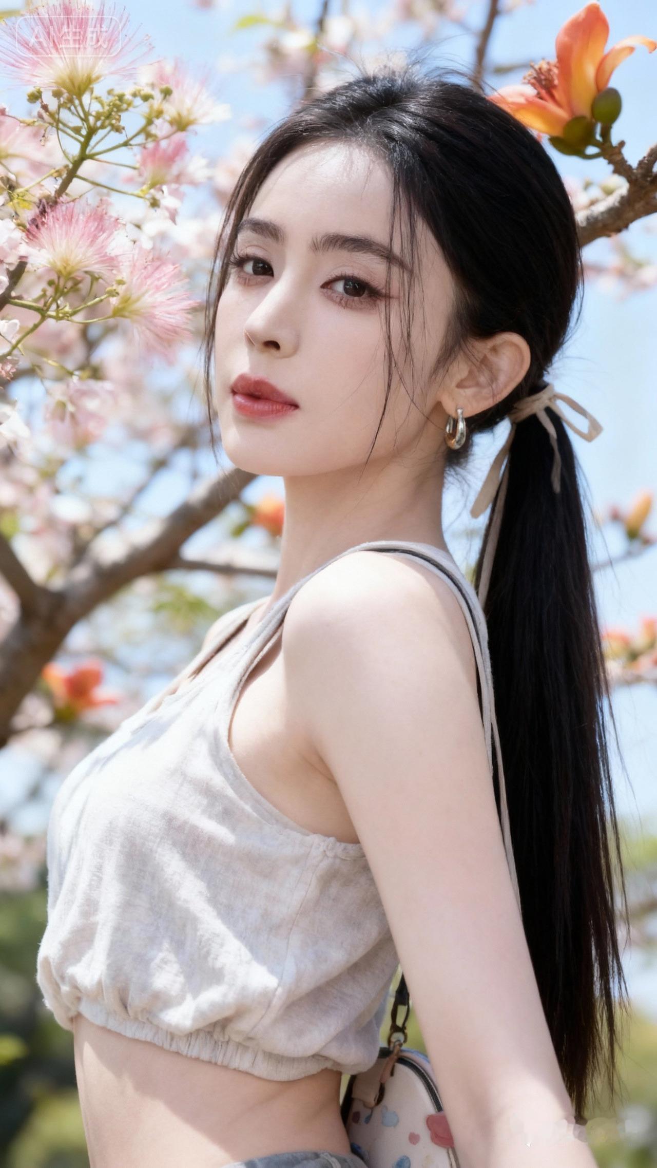 樱花树下，少女轻倚，春日气息扑面而来。