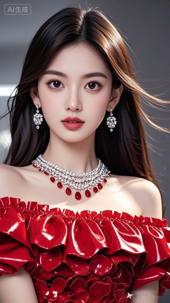 18岁美女黑棕长直发柔顺有光泽，浓眉大眼明亮，冷白皮，多款长耳坠与亮晶晶项链，红