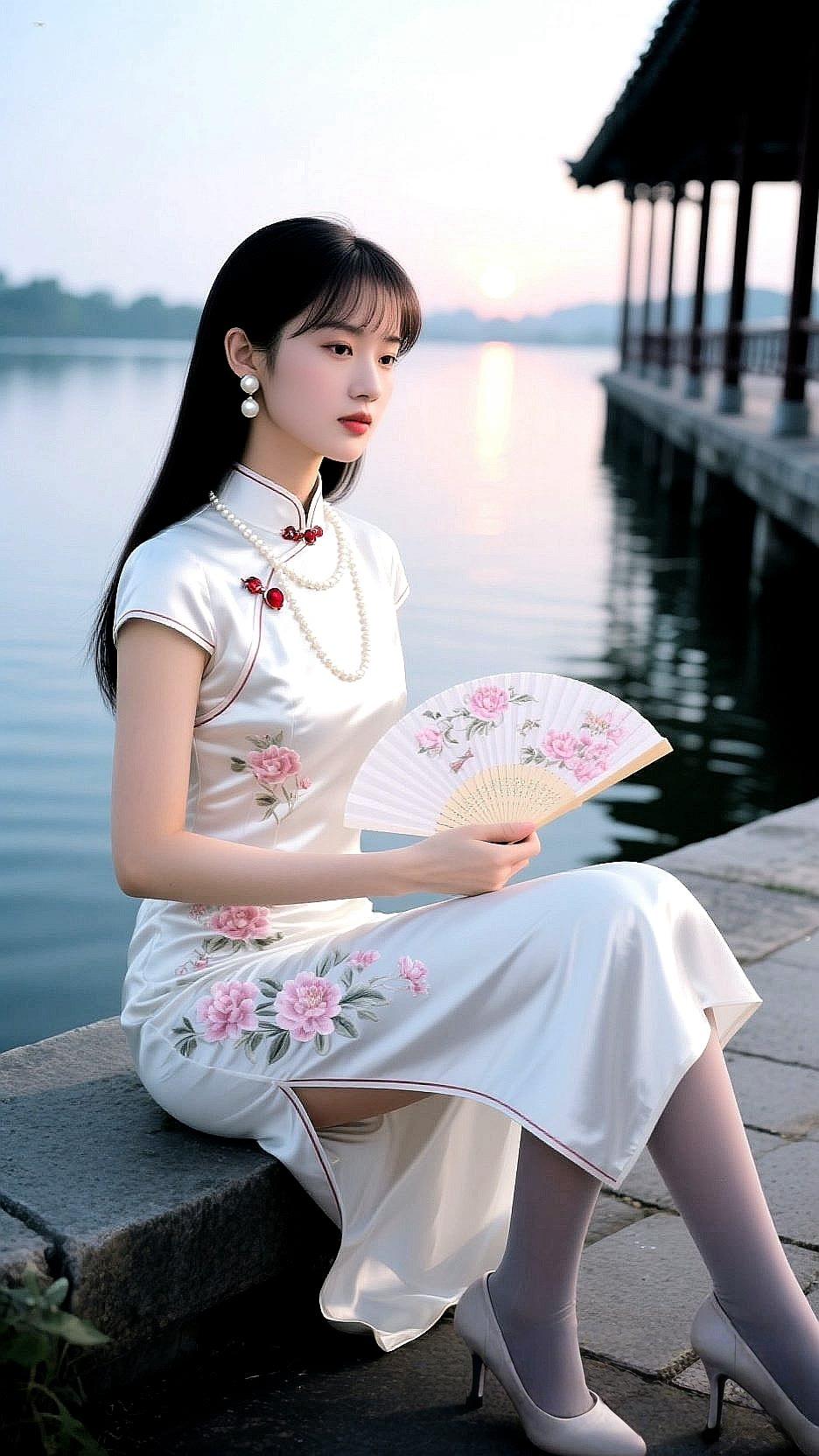 古风少女，湖畔轻坐，粉扇相伴，韵味悠长。