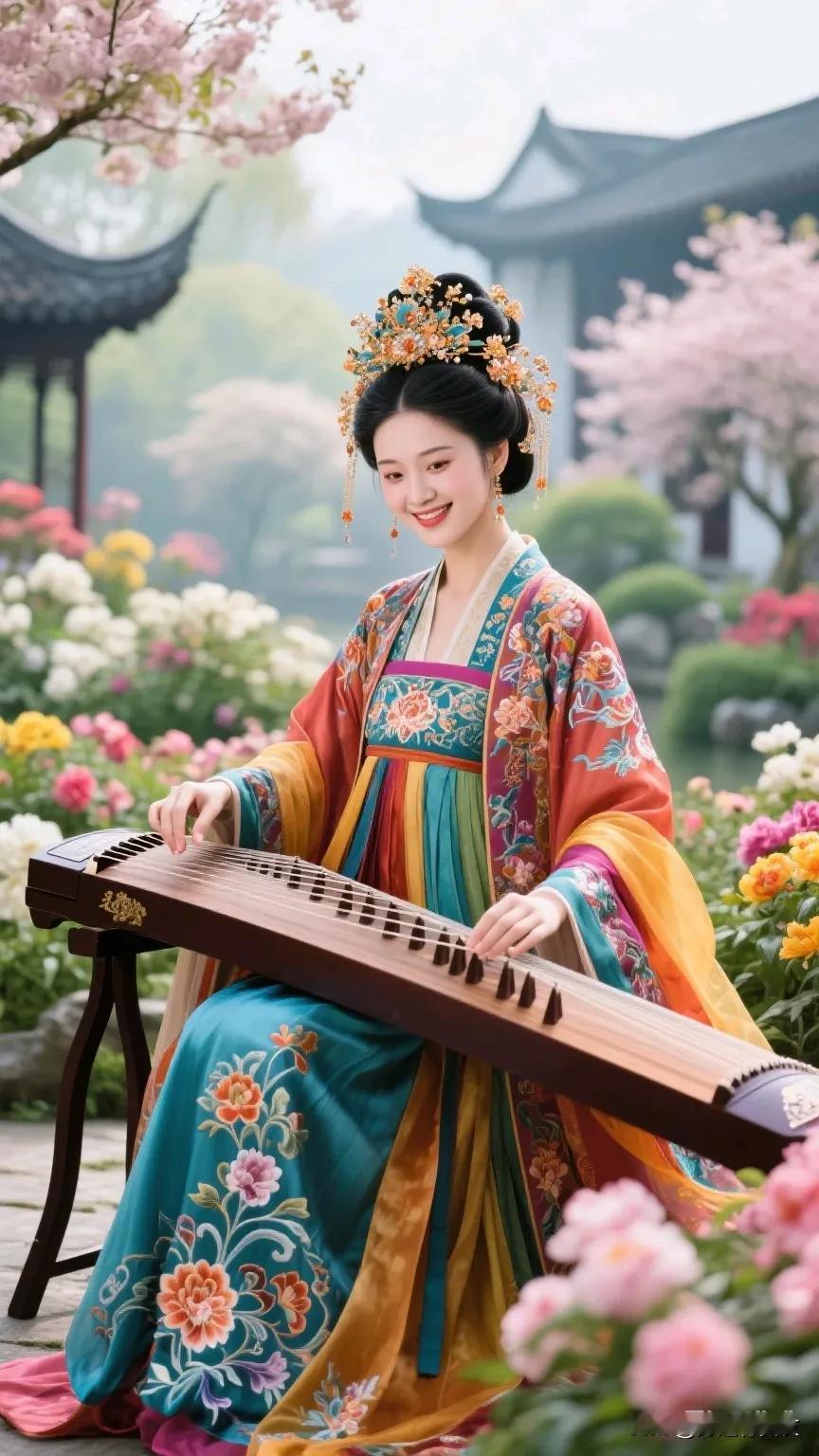 古风少女弹奏古筝，花海中尽显优雅韵味。