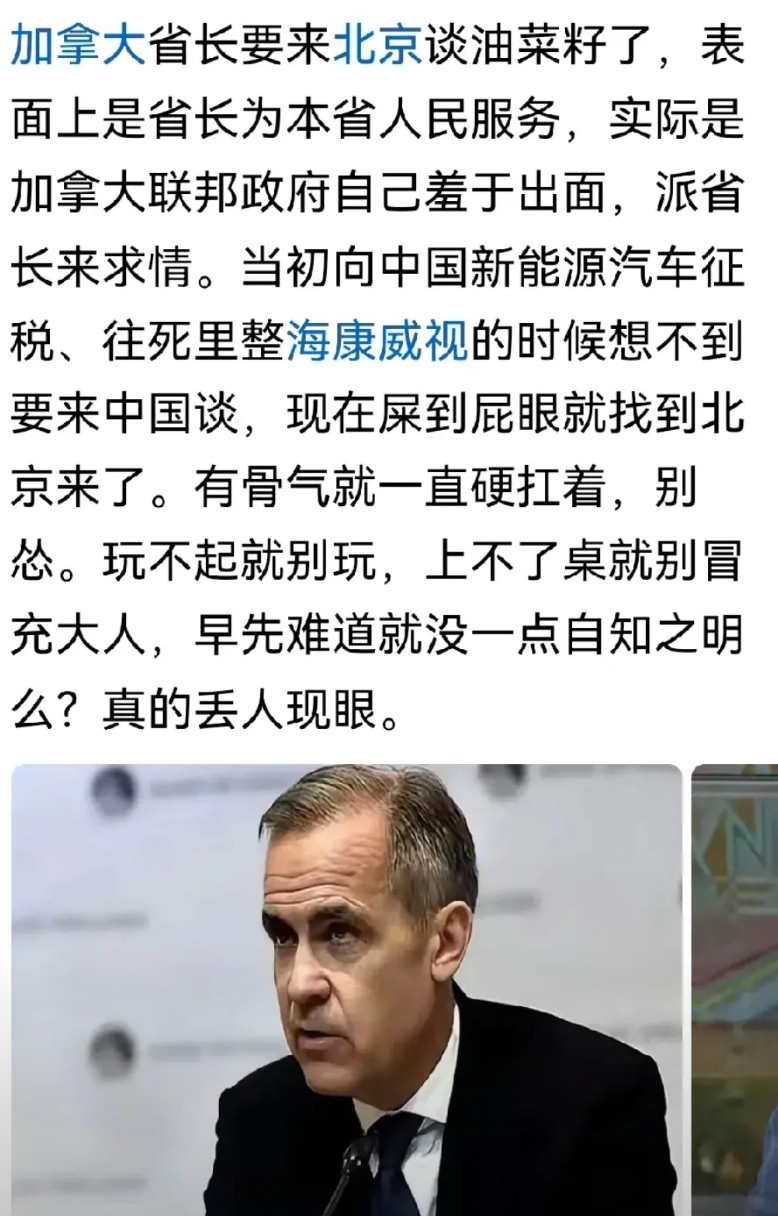 加拿大派一个省长级别的官员来中国商谈加拿大的油菜籽恢复对中国出口的问题，按照国际