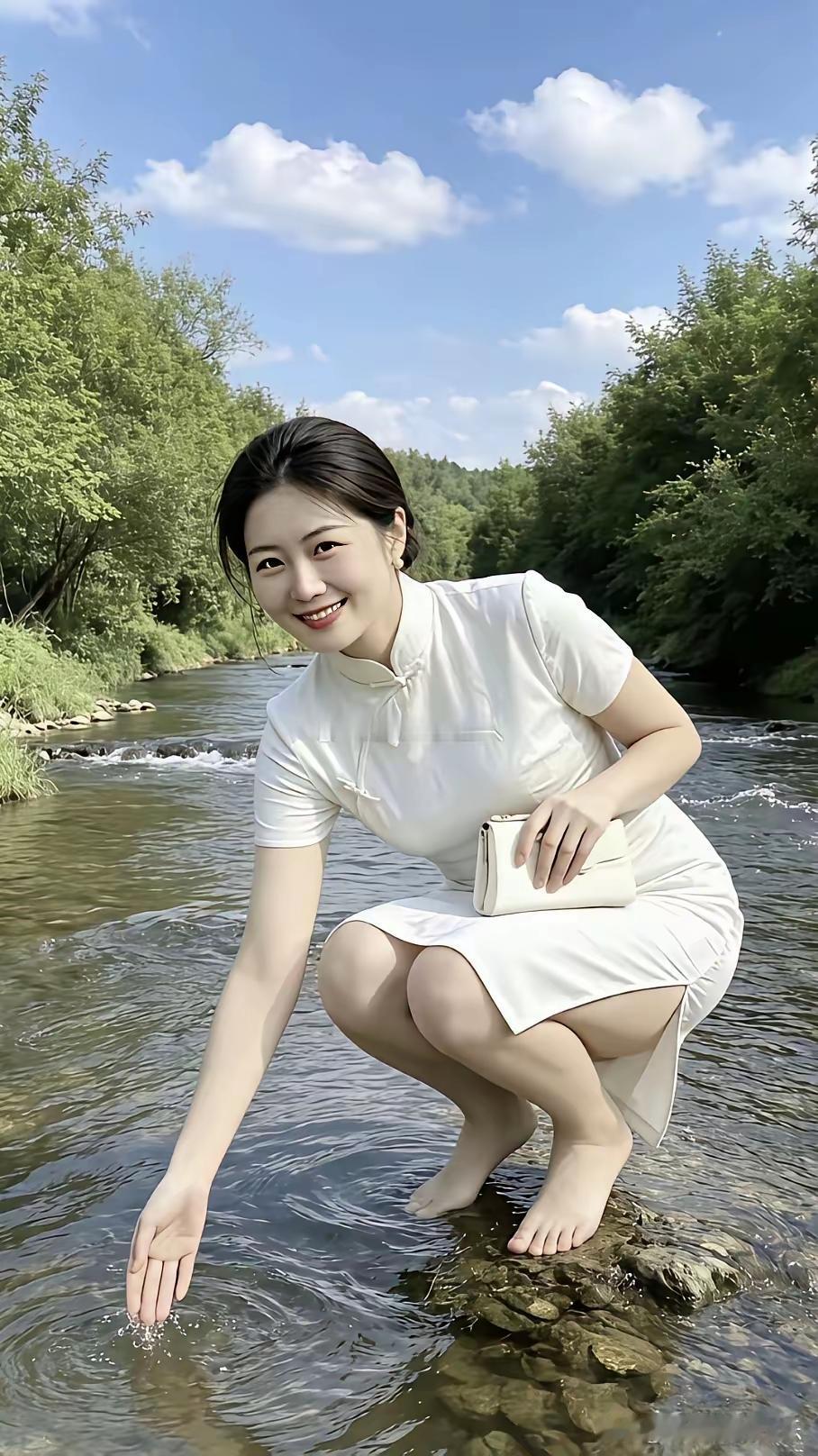姑娘在河边玩水，好开心啊！