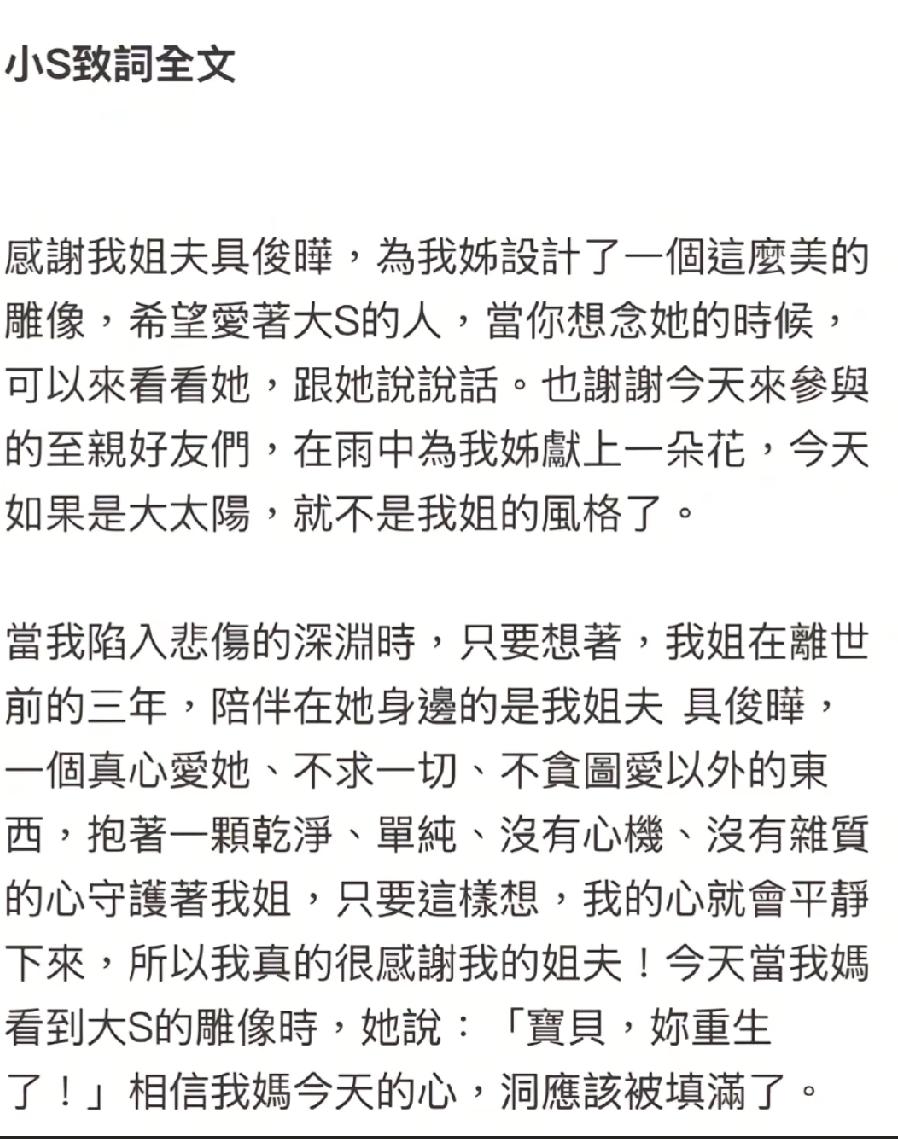 对这姐夫的评价真高小S在致词中写到:“当我陷入悲伤的深渊时，只要想着我姐离世前