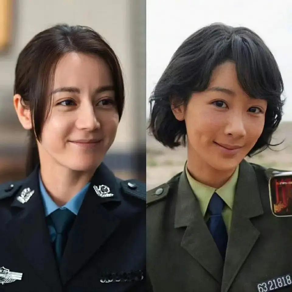 虽然都穿起了制服，但是我觉得两个都压根不像体制内，不太自然。一般女警头发都是很利