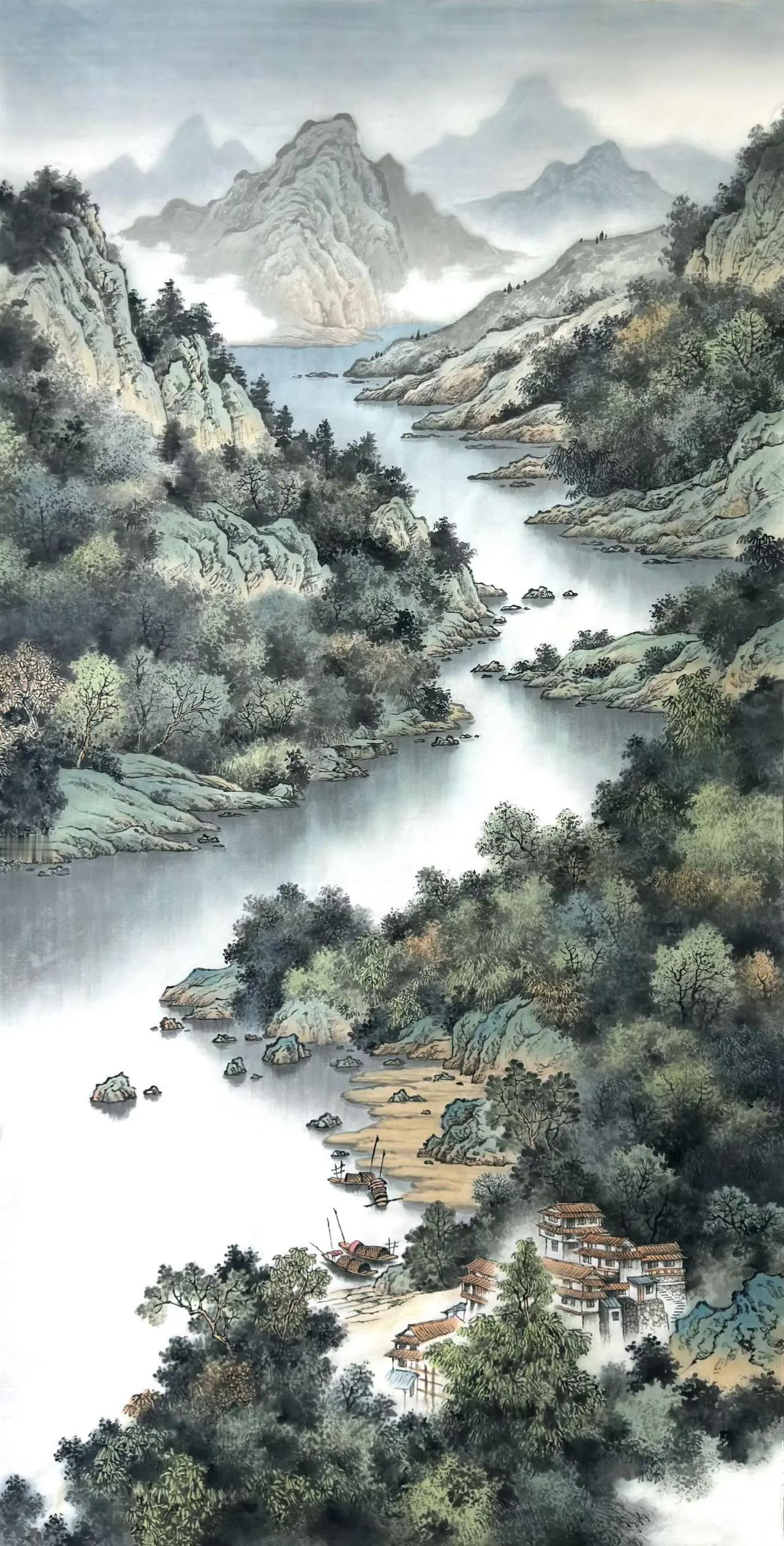 清江山居图。订制山水手绘国画作品创作者中心创作灵感纯手绘国画山水尺寸：