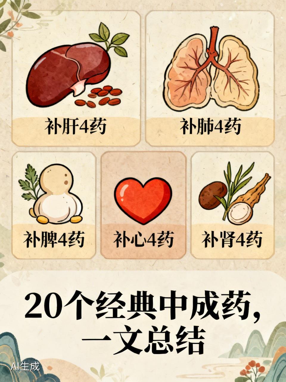 补肝4药、补肺4药、补脾4药、补肾4药、补心4药，20个经典中成药，一文总结