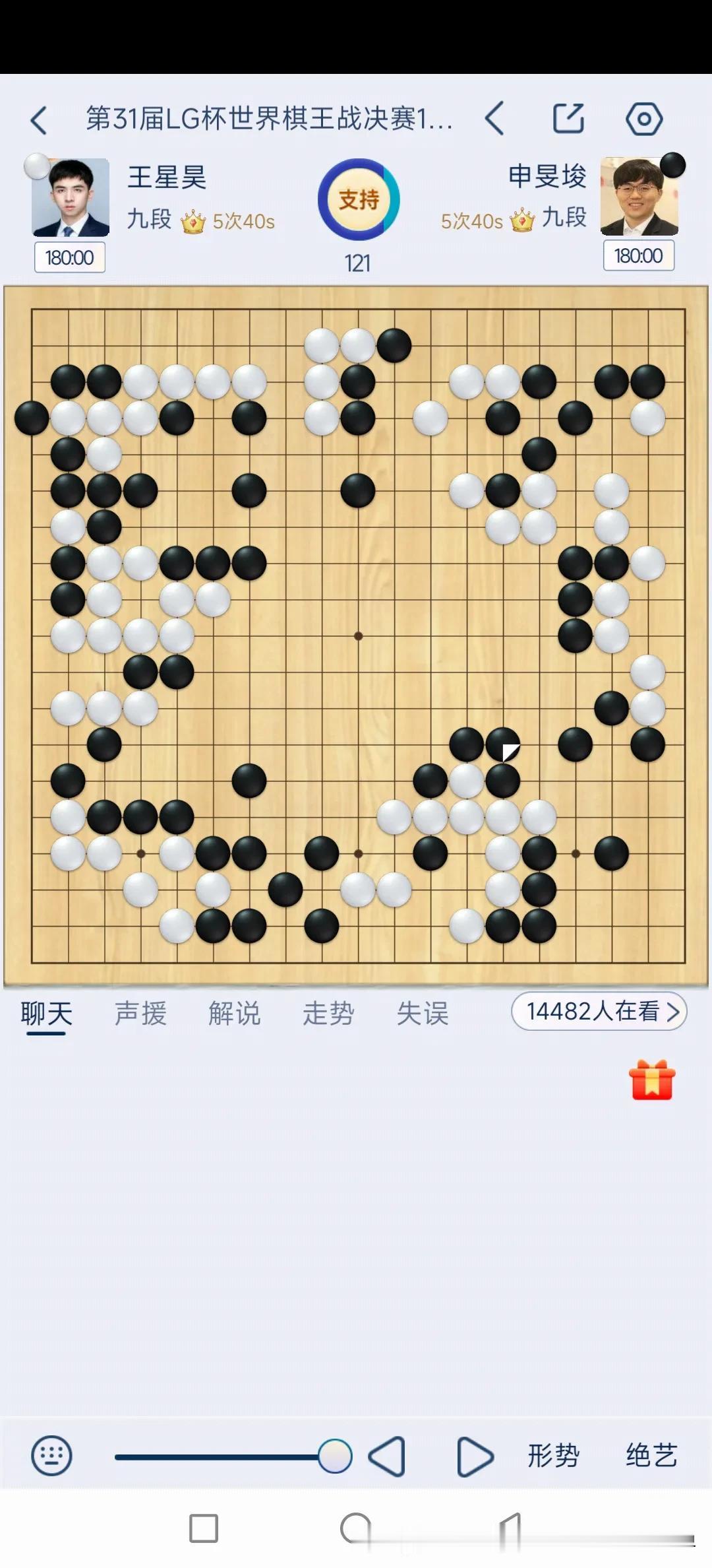王星昊九段的白棋形势严峻啊，右下边的白棋没有活尽，要补棋，大申的黑棋全局厚实，没
