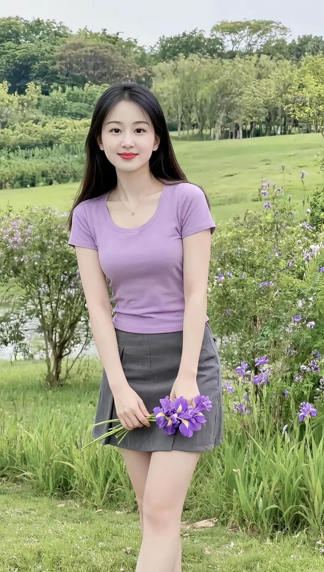 紫色花海中的少女，清新自然，美不胜收！🌸💕