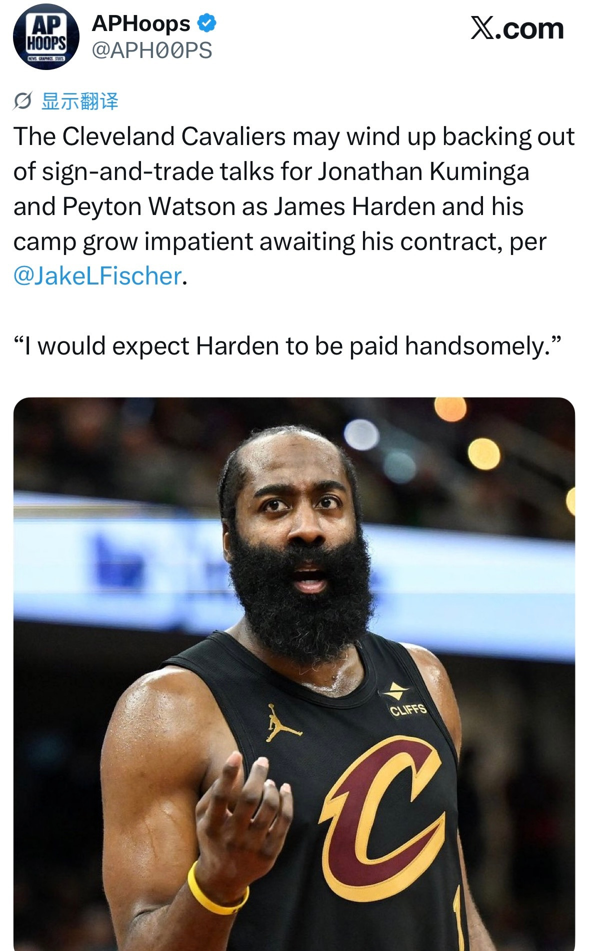 JakeFischer：由于哈登及其团队在合同谈判中逐渐失去耐心，克利夫兰骑士