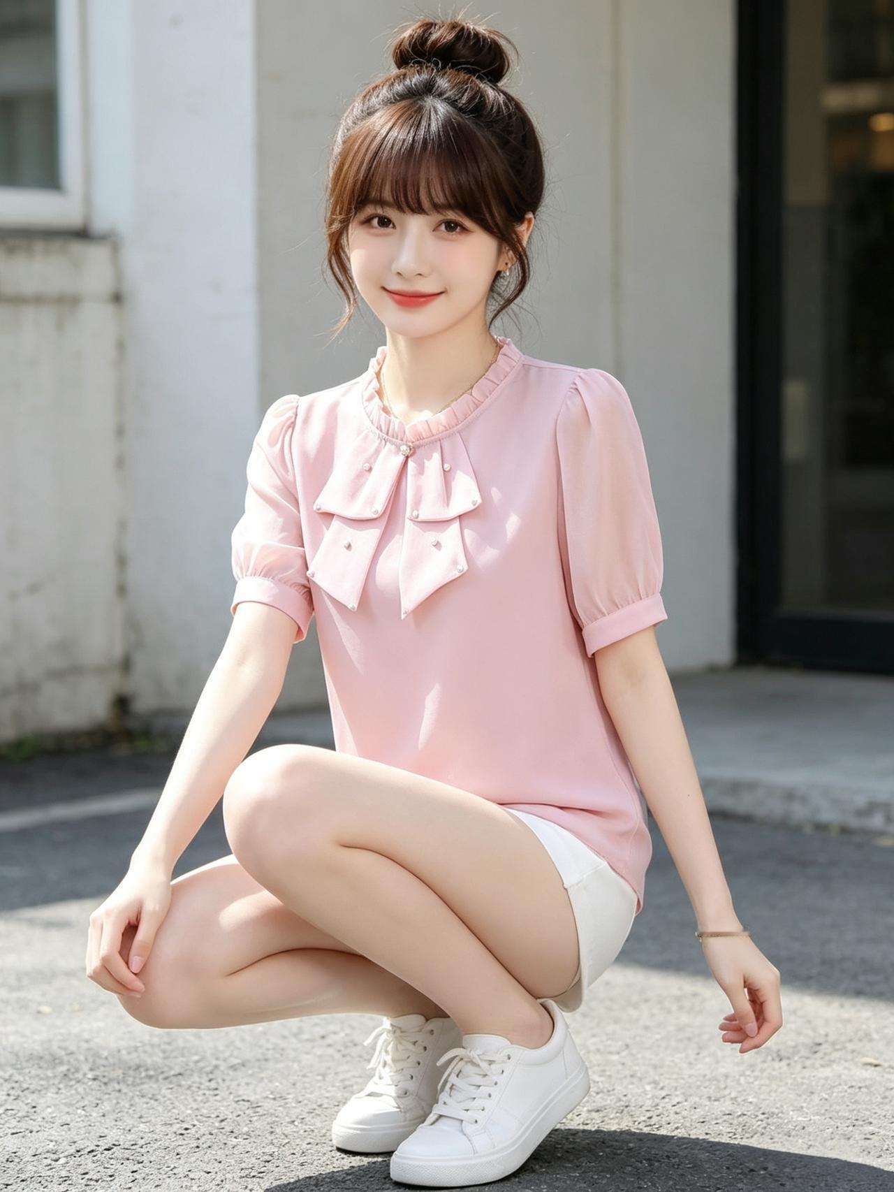 甜美少女风，粉色蝴蝶结上衣搭配白色短裤，元气满满！🌸👗👟优雅自信穿搭分享