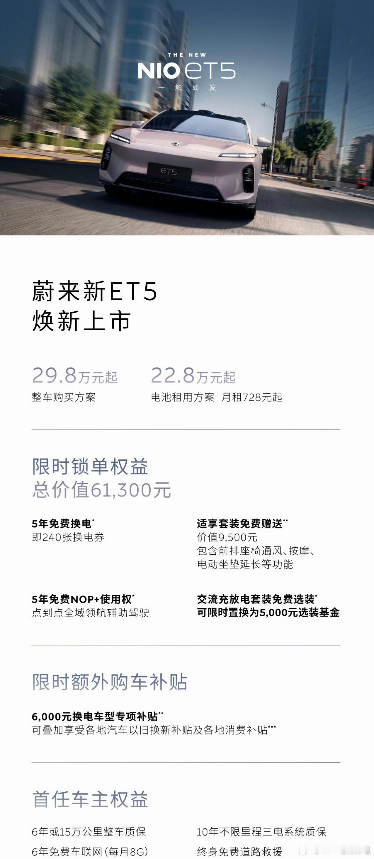 蔚来全面价格下探，5年换电折现和交流口折现应该都是标配，现在座椅配置也送了，以前