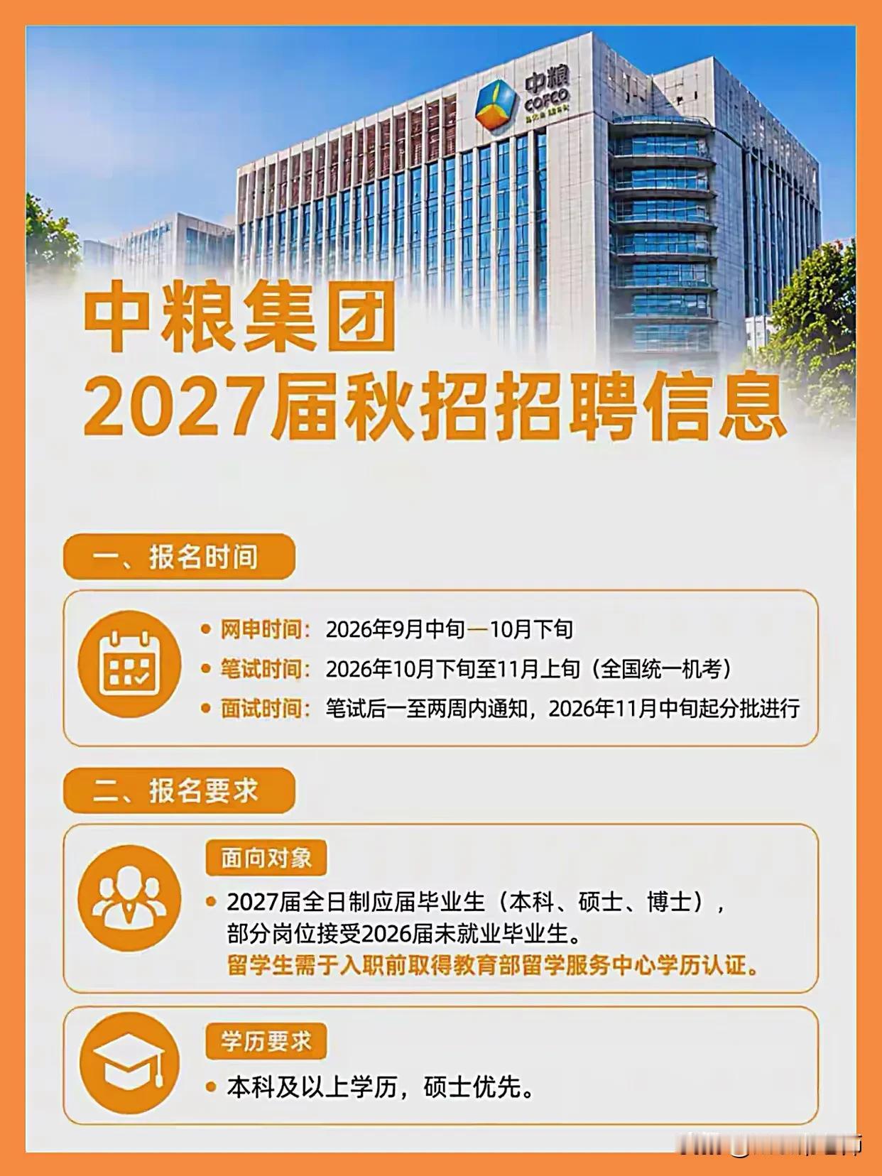 同学们，中粮集团作为国内农粮食品领域的核心央企，2027届校园招聘已明确时间表，