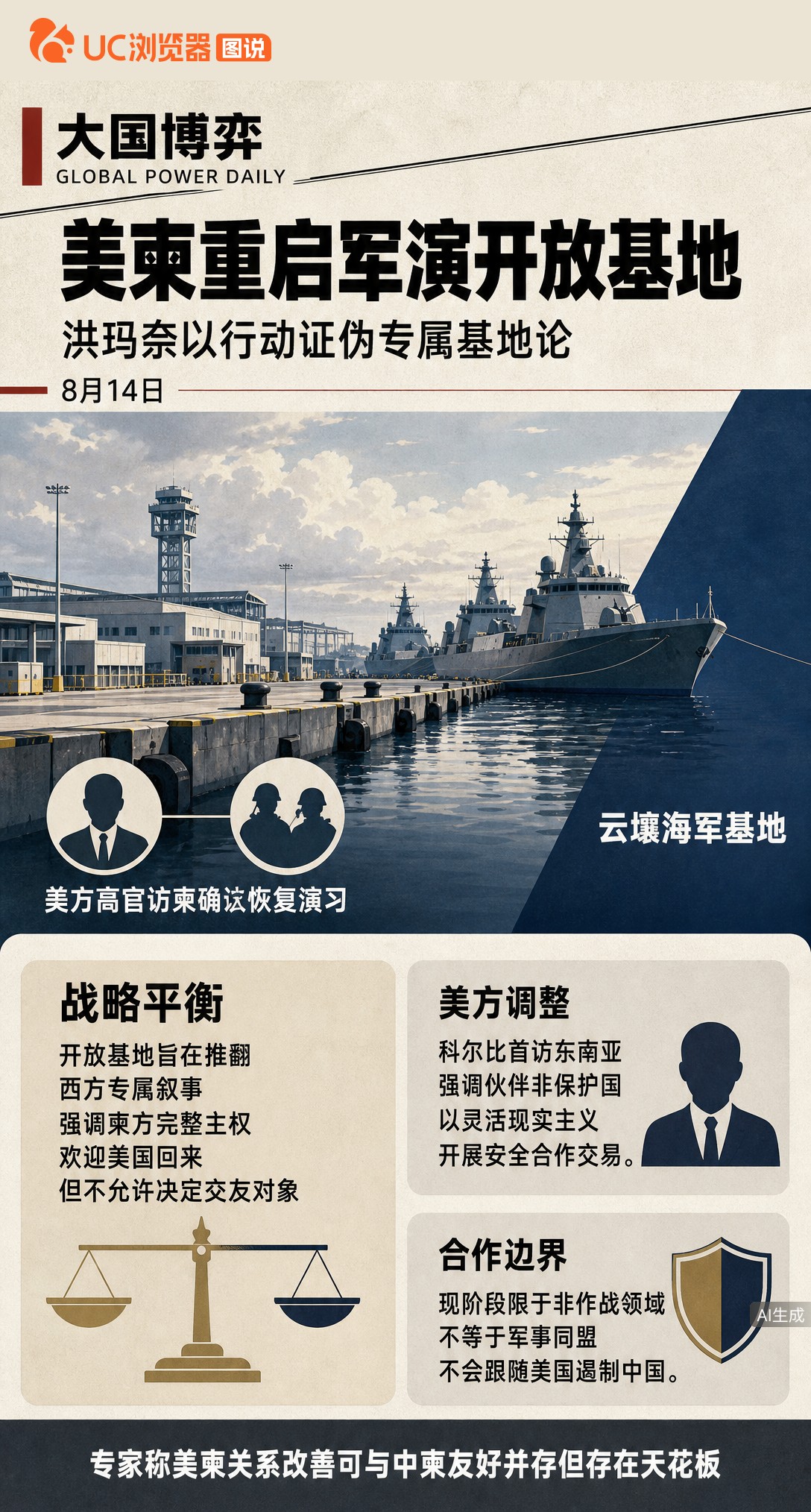 美舰驶入中国援建的云壤基地，中断近10年的军演也准备重启。但这并非选边站队，而是柬方以开放行动证伪“