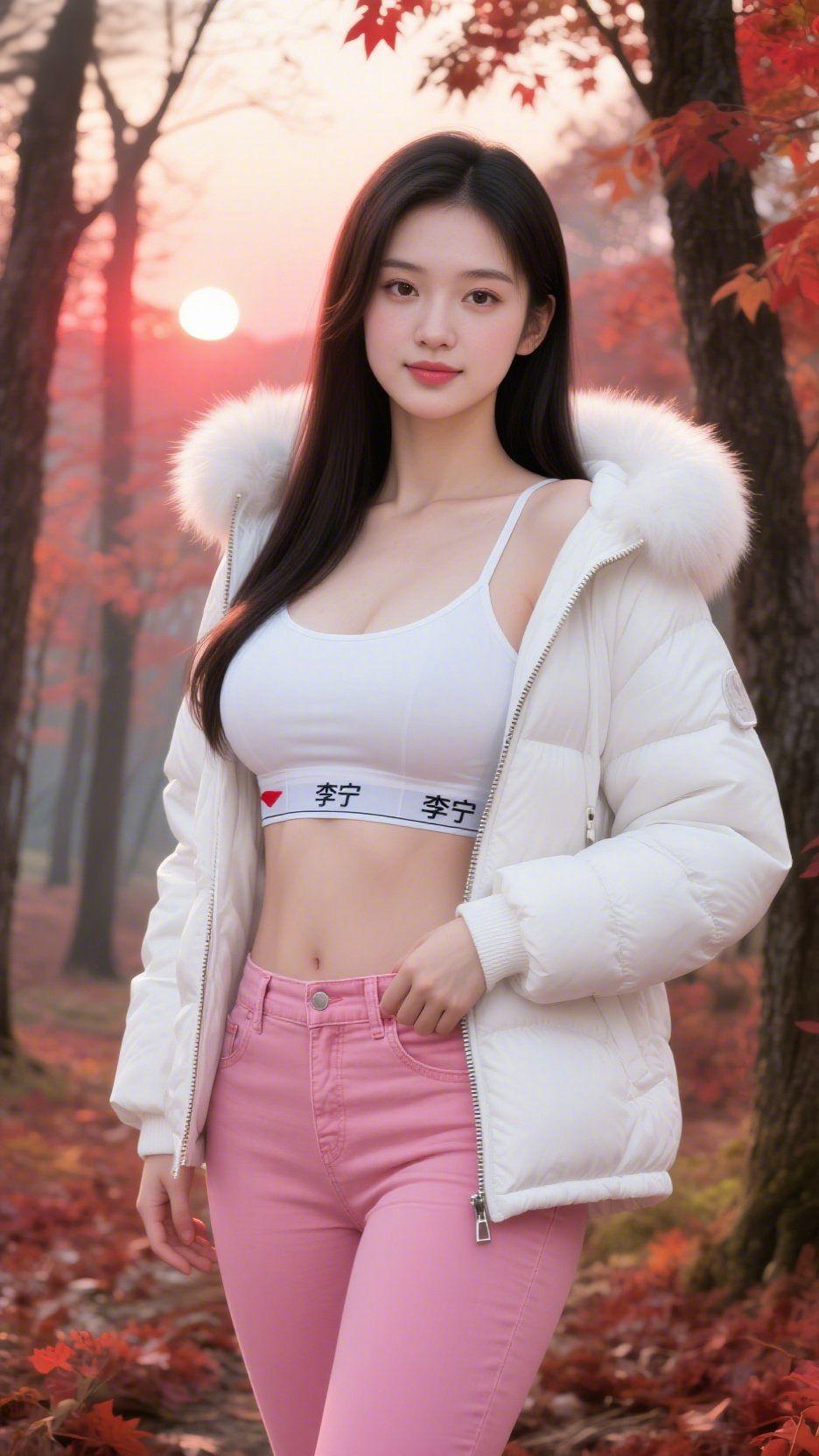 枫红间的白衫倩影落日把霞光揉进枫林，殷红的叶海翻涌着秋日的诗意，层叠的红枫