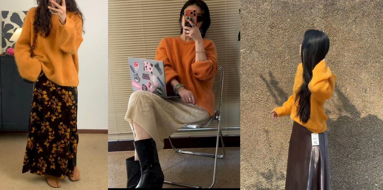 落日橙毛衣搭配白色阔腿裤，将秋冬氛围感拉满。它的灵动在于，无论搭配裤子还是裙装