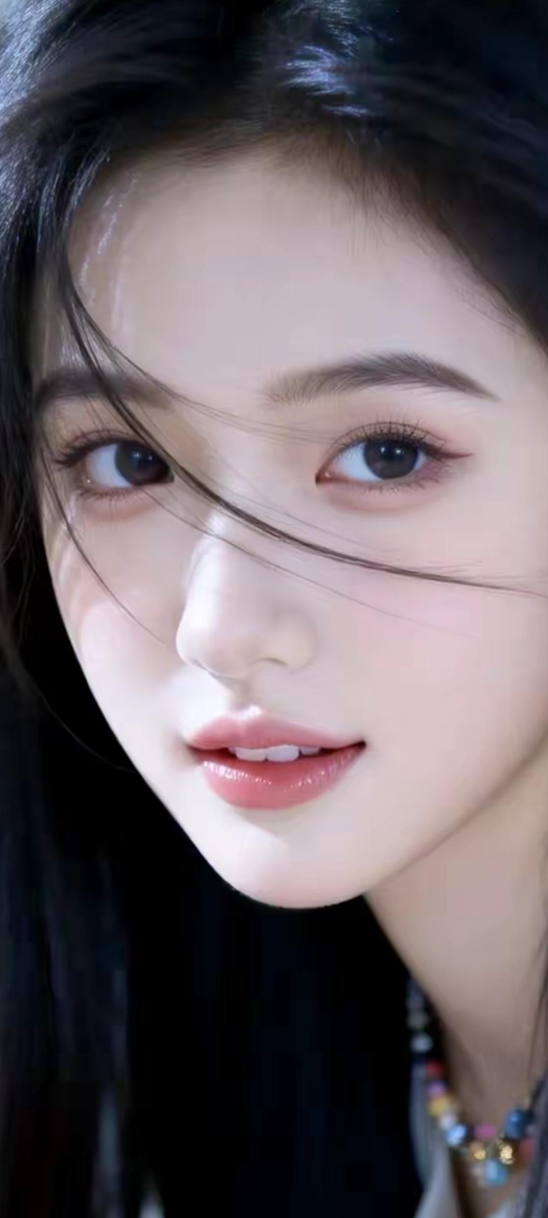 温柔甜美的少女，黑发飘逸，眼神清澈动人。