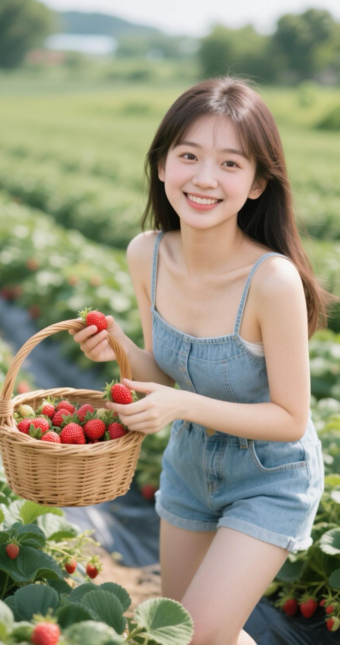 阳光明媚的草莓田里，甜美少女采摘新鲜草莓，笑靥如花！🍓🌞💛草莓盛开的草莓