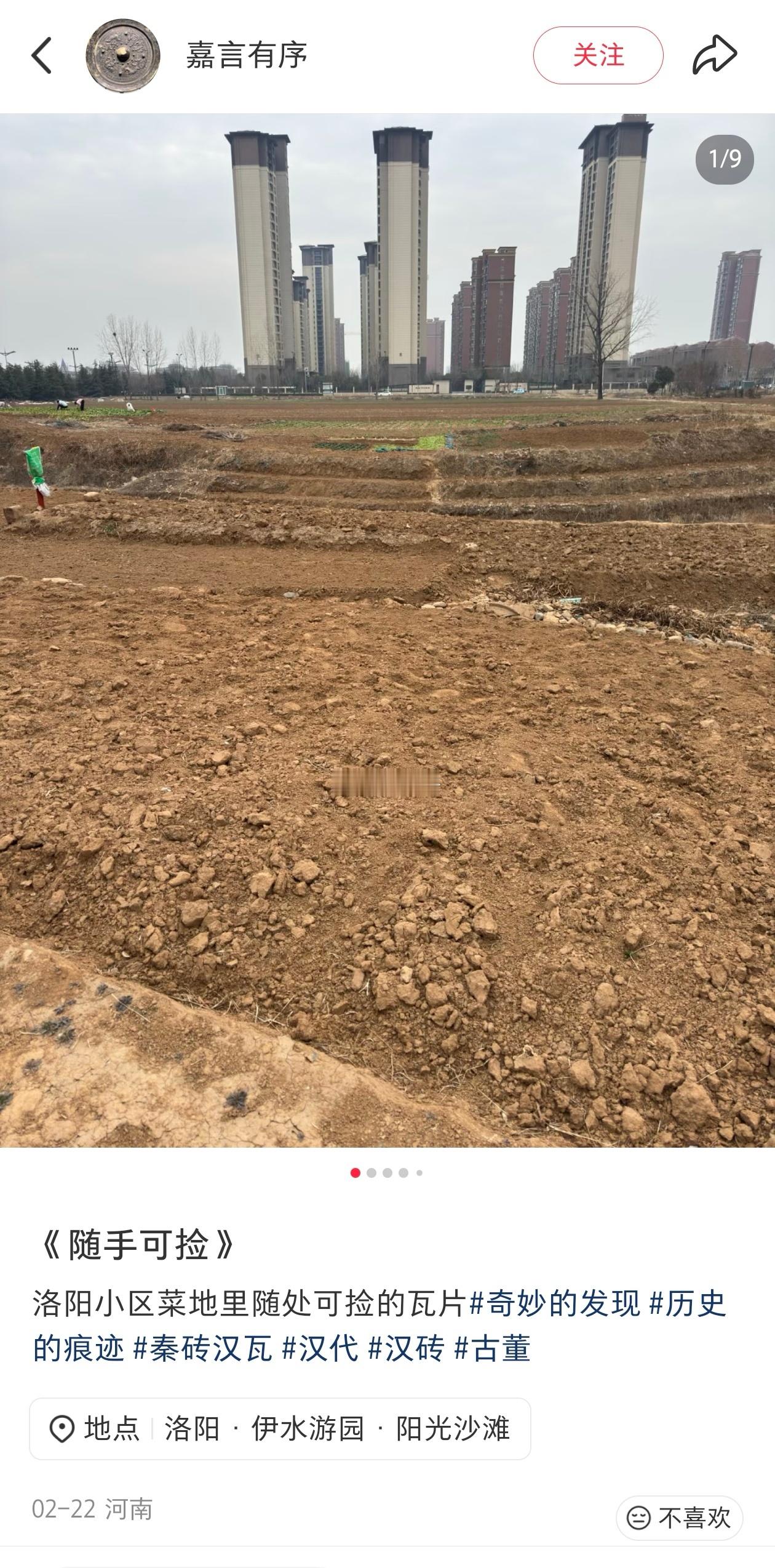 网友爆料：在洛阳的田地里，随处可捡战国—汉代的陶器、瓦当残片。在山西、陕西网友爆