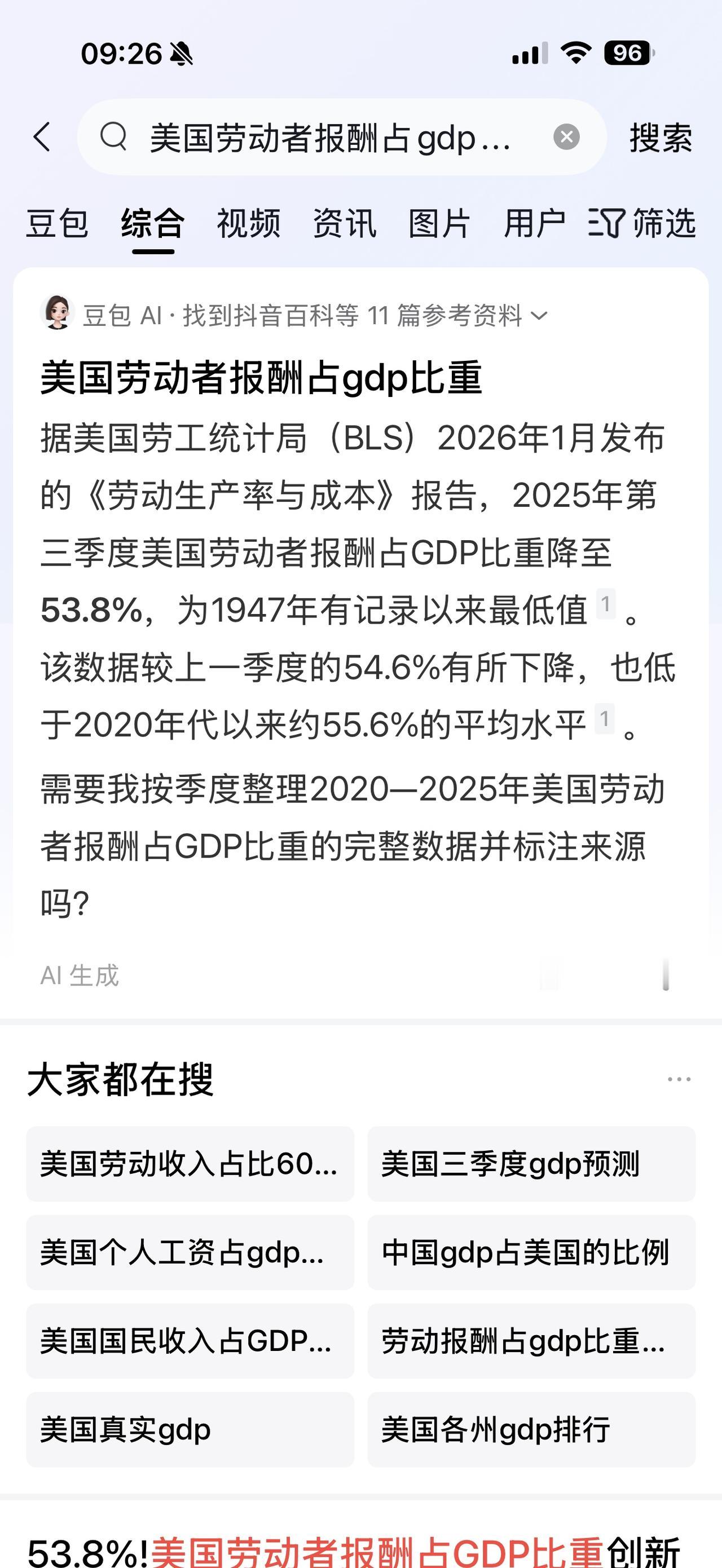 如果不是《环球日报》报道，我都不知道2025年，美国的劳动者薪酬占GDP53.8