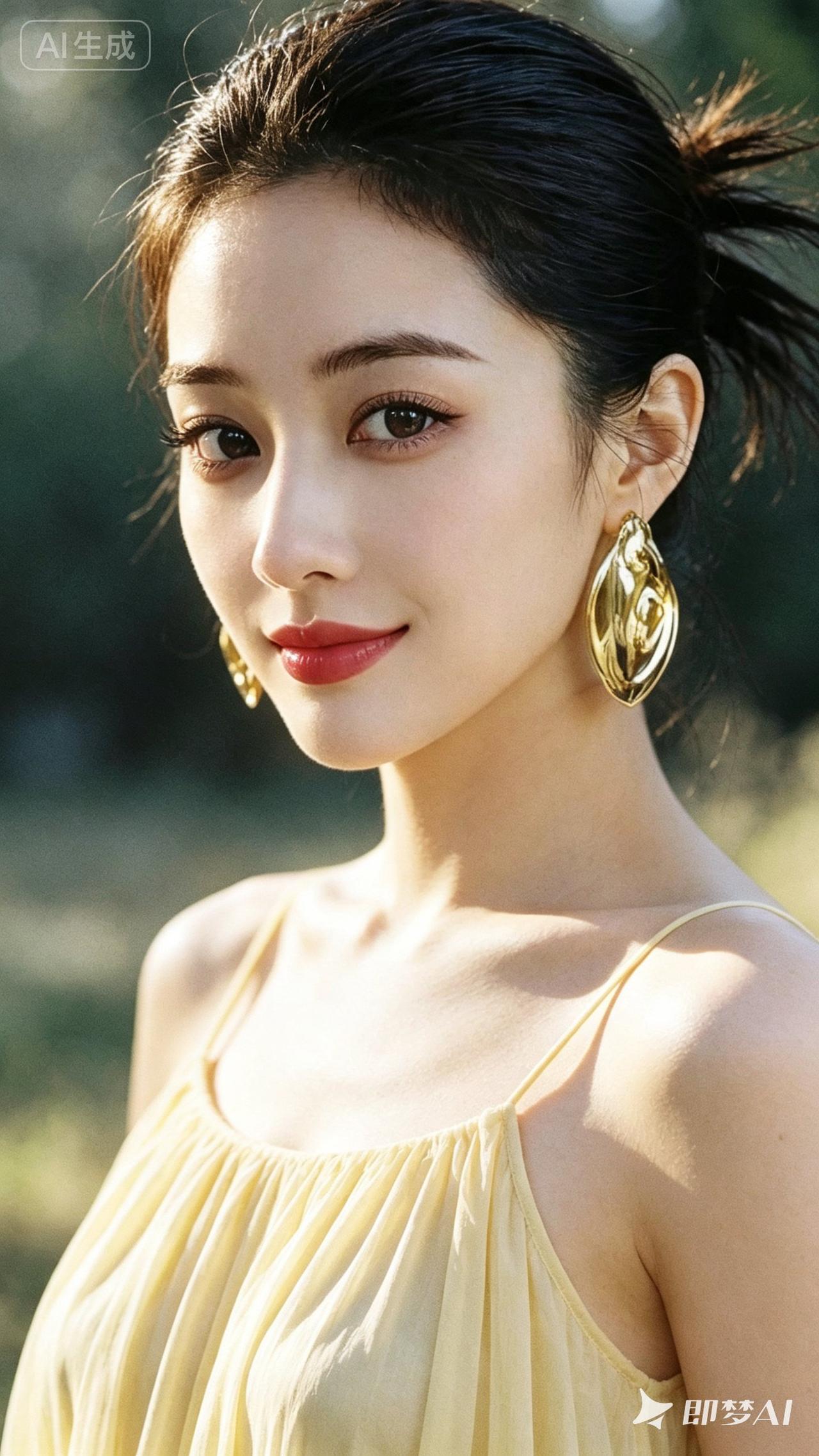 阳光下的温柔微笑，自然妆容与优雅耳环的完美搭配，尽显清新自然之美。