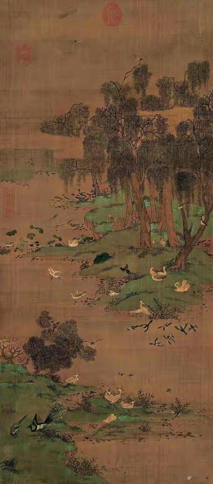 宋代花鸟画两大体系。黄筌为宫廷画家，“黄家富贵”，精工重彩，描绘宫廷珍禽；徐熙在