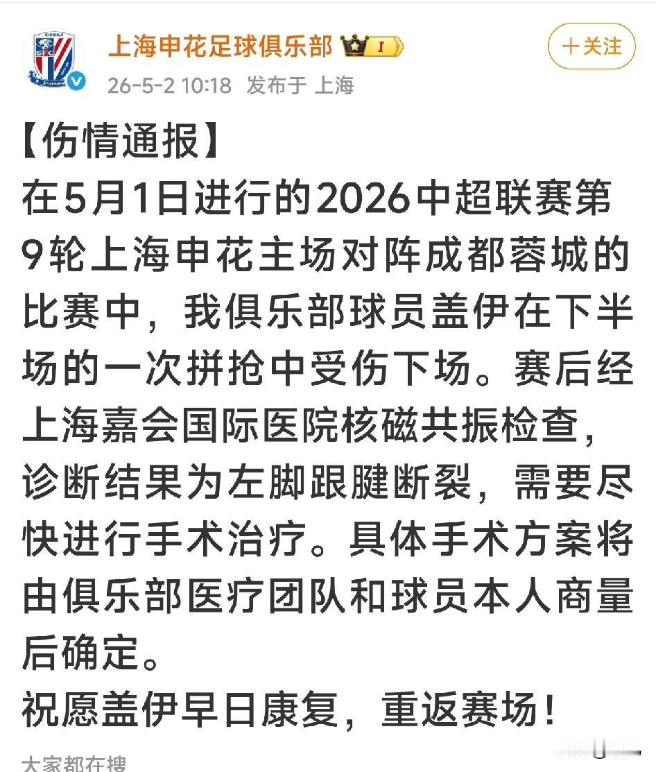 上海申花外援盖伊在对成都蓉城的比赛中左脚跟腱断裂，那么盖伊多久能回到赛场。跟腱