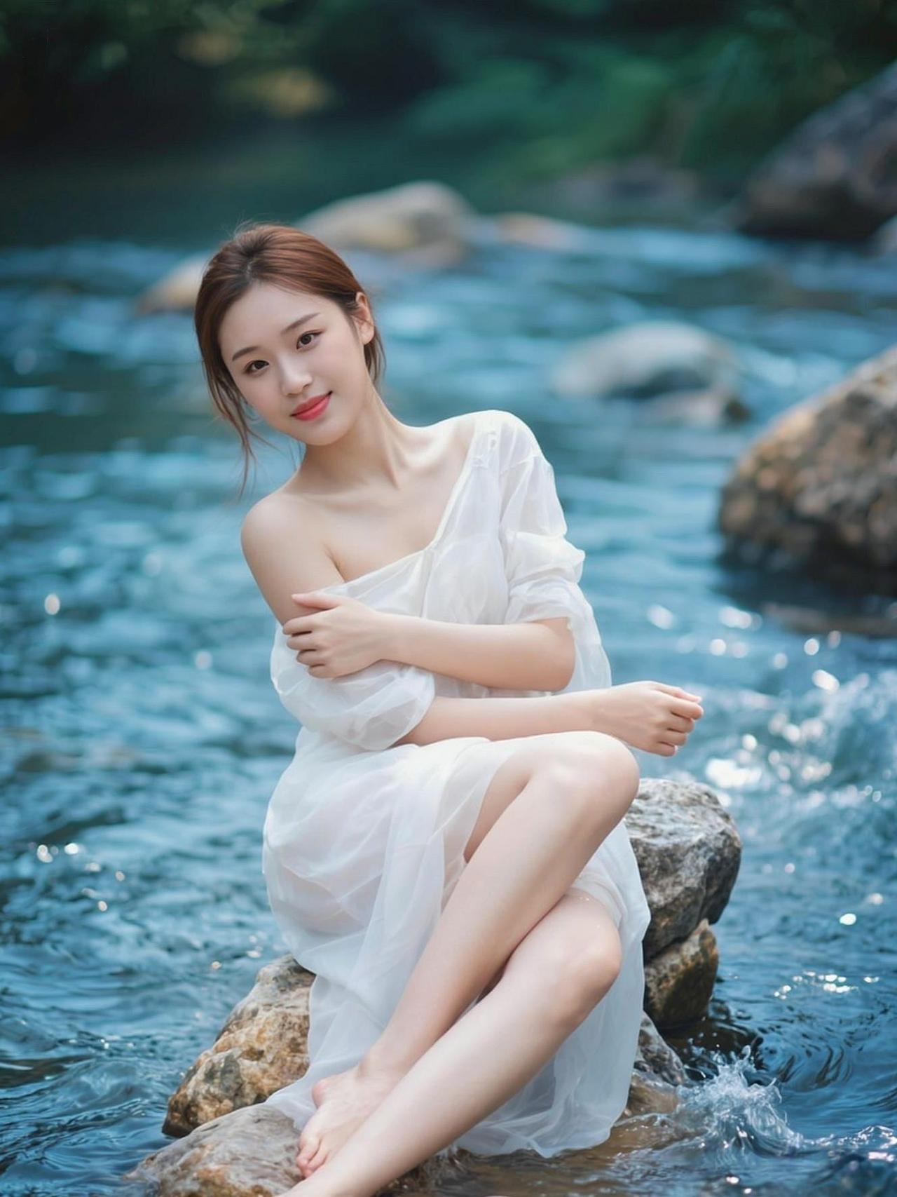 如何拍出户外氛围感美女?溪畔白影溪流揉碎了光石上栖着一缕白纱风掠过肩