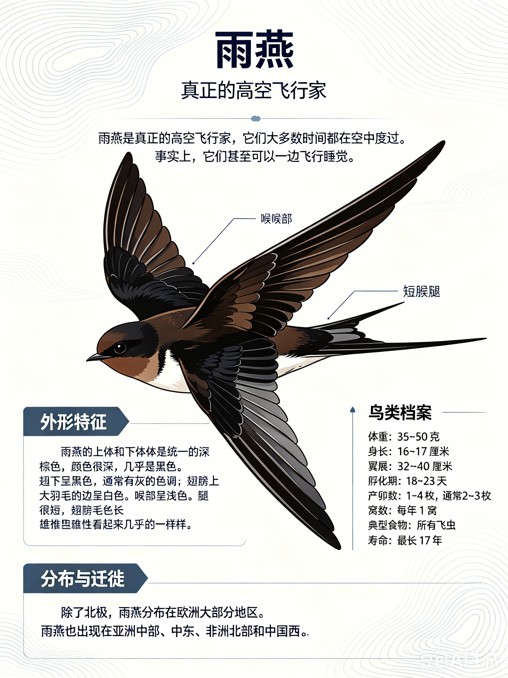 鸟类朋友图鉴雨燕雨燕是真正的高空飞行家，它们大多数时间都在空中度过。事实上，它